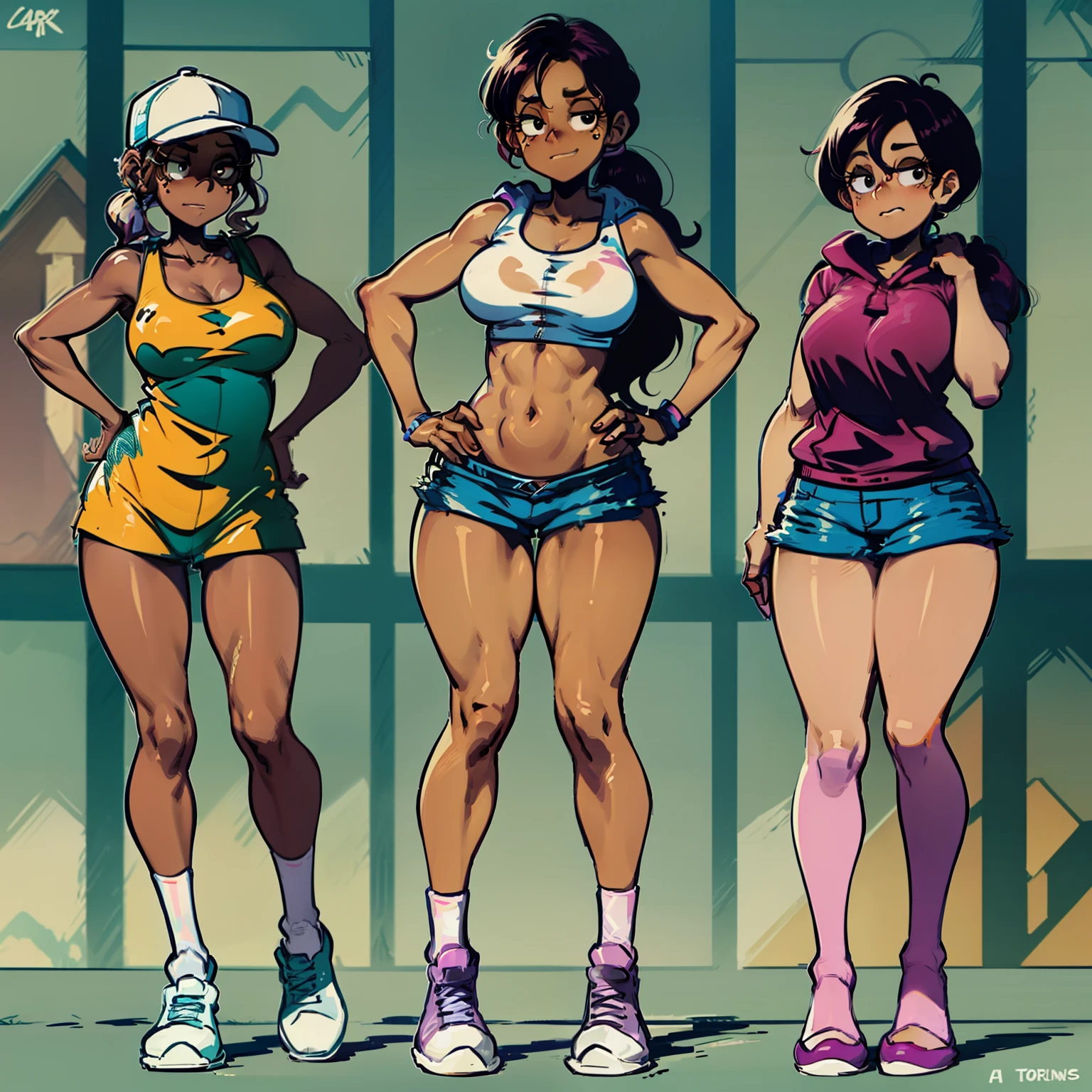 Ronnie Anne, hoodie, shorts, black eyes, ponytail, tanned skin, full body, curvy arms, defined legs, beautiful, pose, long socks, curvilinear legs, multiple arms from the same torso, 4arms