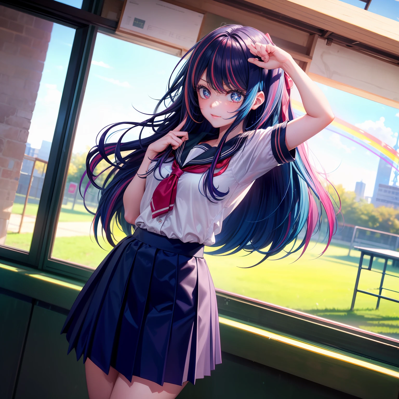 (Beautiful picture，High image quality), (schoolgirl+Strength+School grounds:1.2), (rainbow colored hair:1.2), (School uniform), (A girl with a good temperament))
