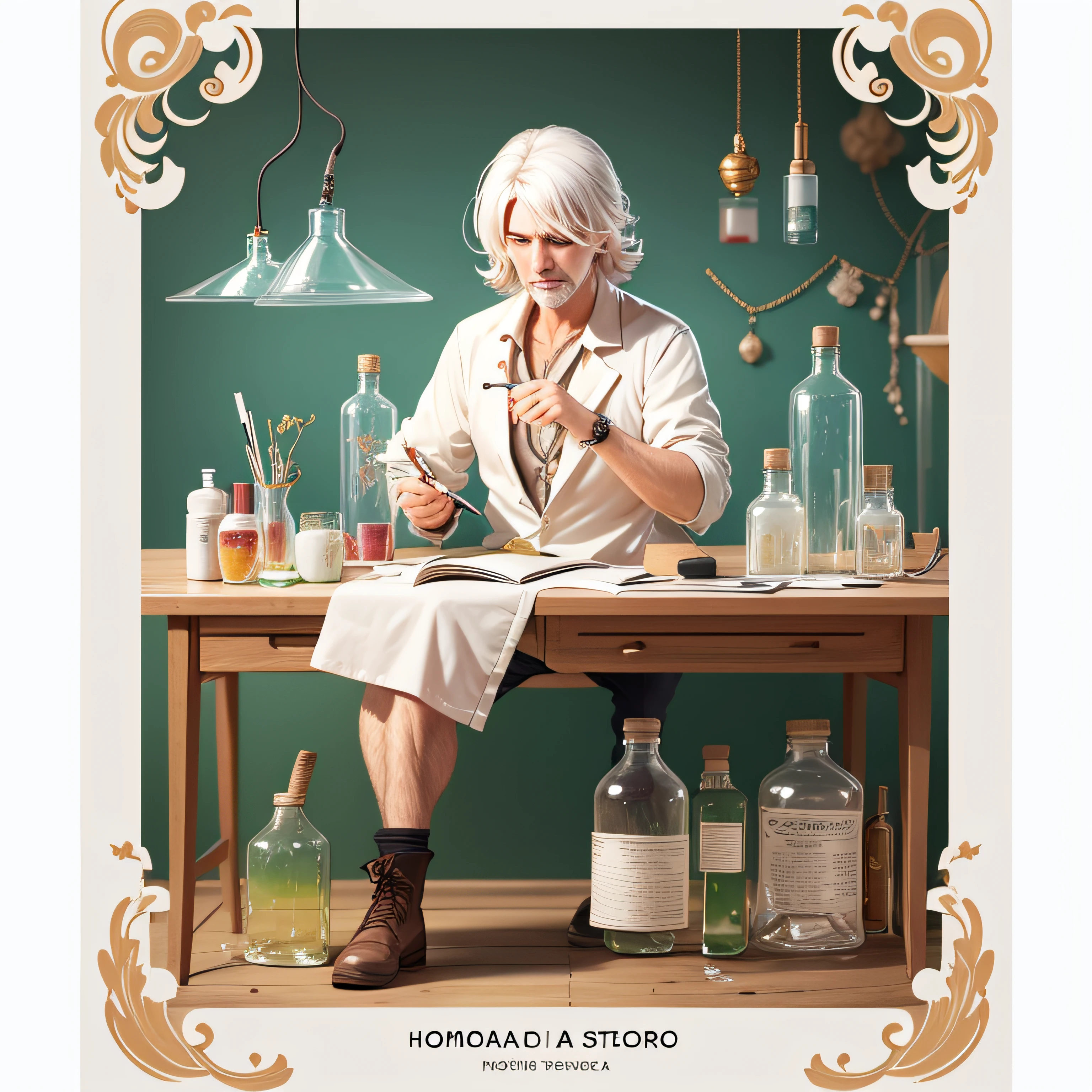 cientista, Homem de meia idade, usando jaleco branco, Also white hair, in a lab, with a few bottles with colored liquids. tarot style, abstrato, tarot cards, Tarot card, vintage style, digital ilustration --auto