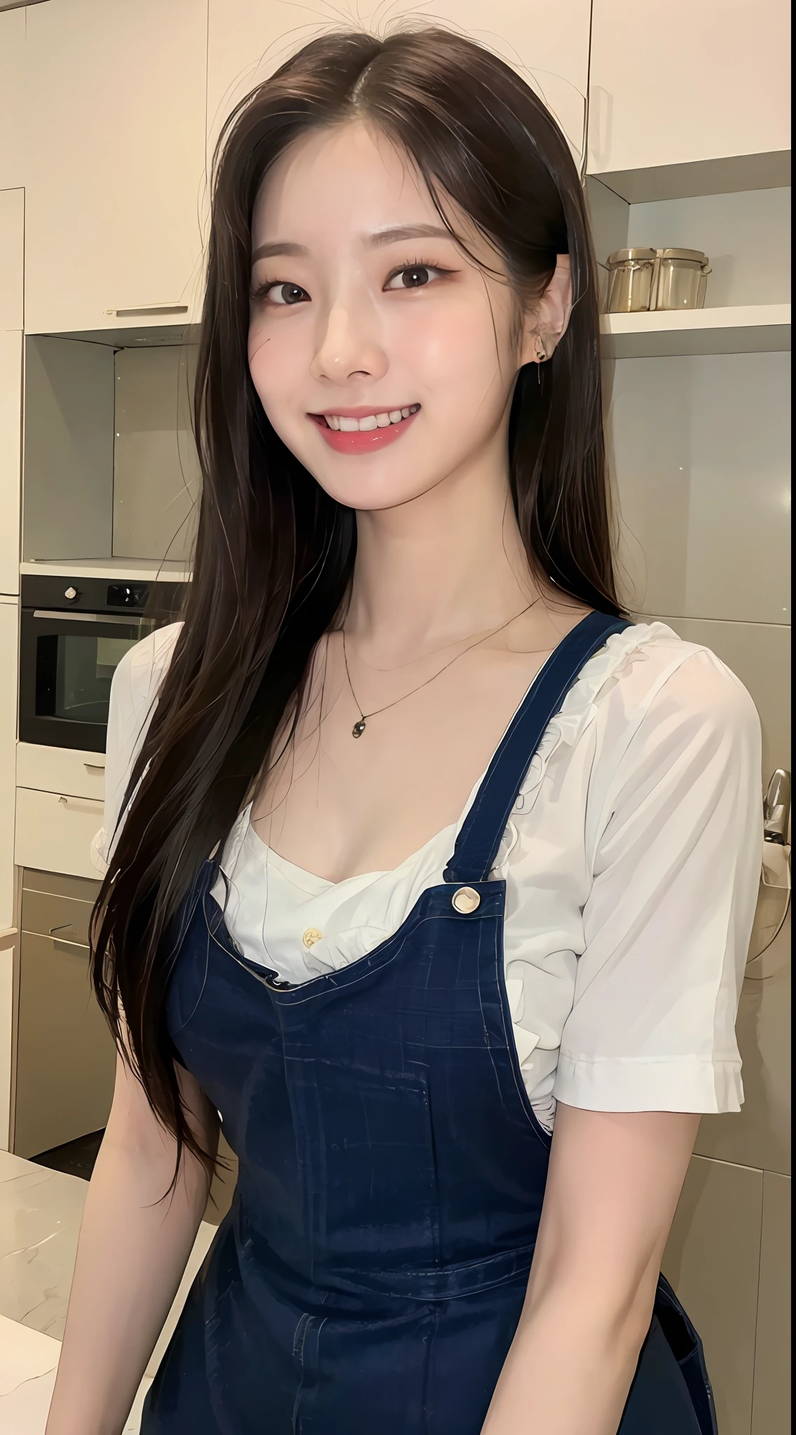 (Top  Quality、8k、巨作:1.3)、Beautiful Women in Perfect Figure:1.4、dark brown hair、Wearing a pendant、Wearing an apron、in a kitchen、extremely detailed face and skin、detailed eye、Single eyelid、Giant tits、smile on face