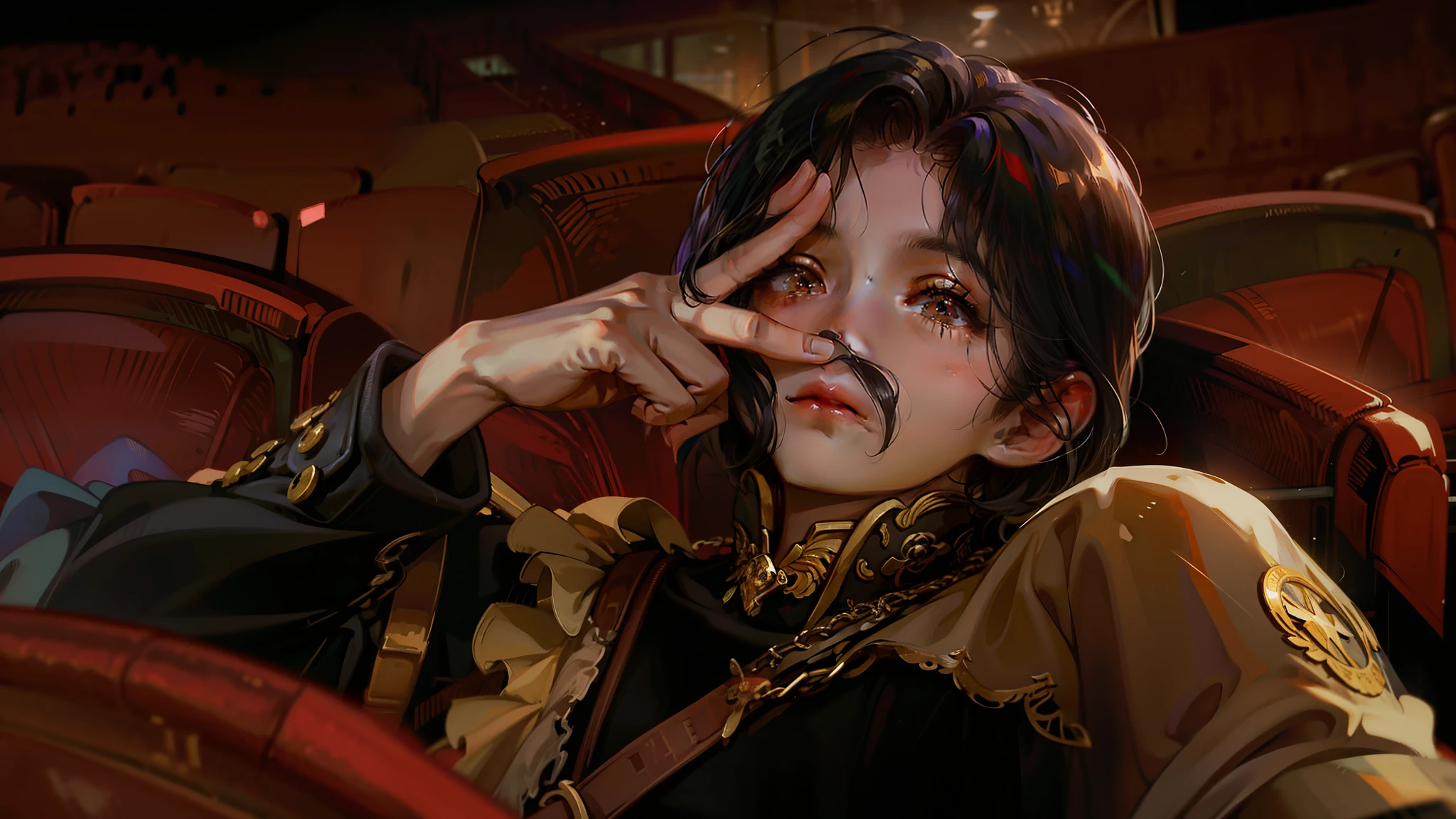 Ridiculous, high resolution, super detailed), 1 girl, solo, mature, (short brunette hair with long parted bangs), highest detail, serious expression, looking away, movie theater red seats background, hand doing v-pose while covering other eye, miserable emotionless expression