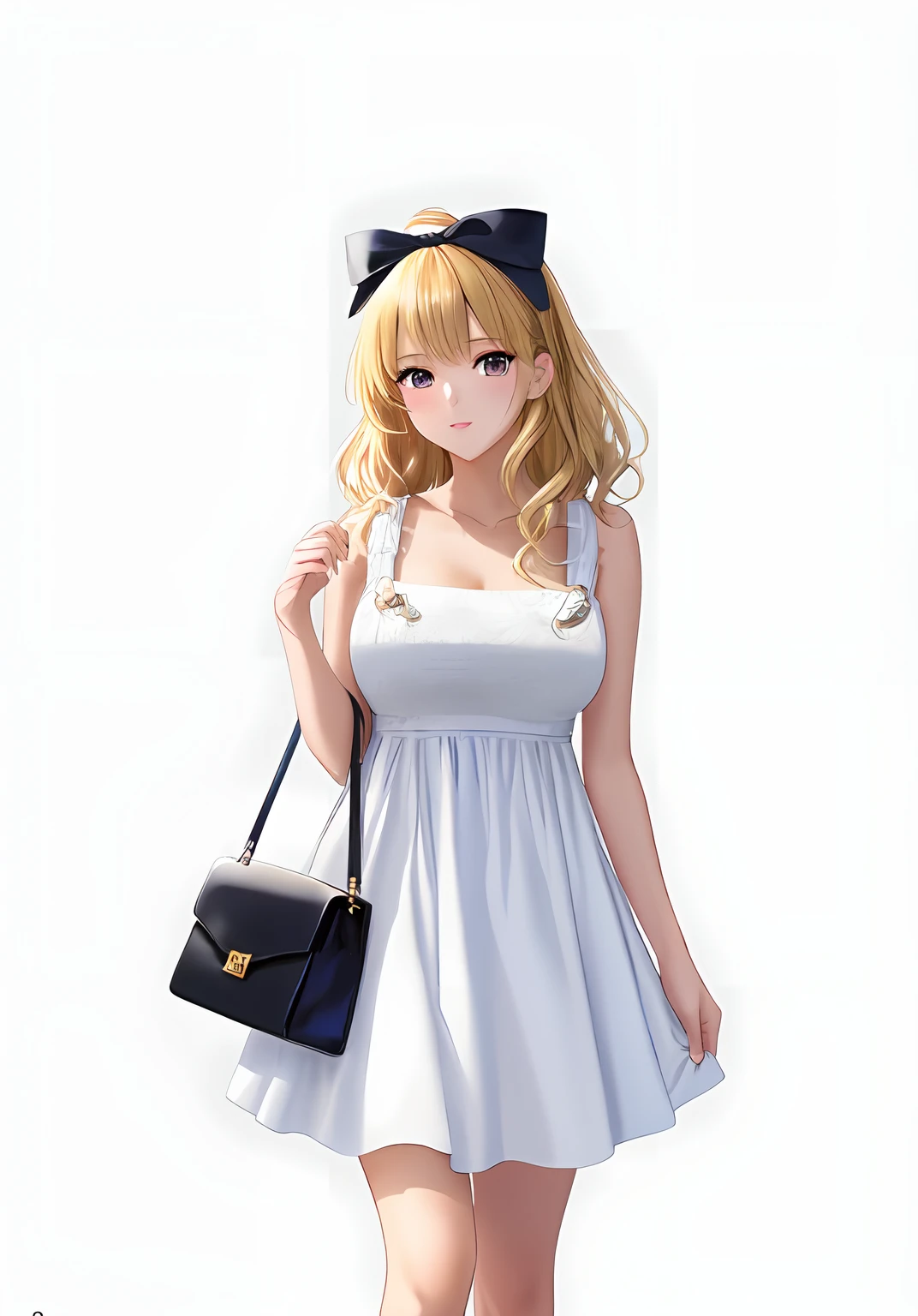 blond haired girl in white dress with a bag and a bow, IMVU, lblsck cabelo, roupa branca inchada, Pose de perfil glamouroso, roupa branca, Pose de Volta, vestido branco e dourado, anime barbie em branco, branco e dourado, corpo inteiro;, pele de ouro branco, Branco!!, vestido em um branco bonito, seasons!! : 🌸 ☀ 🍂 ❄