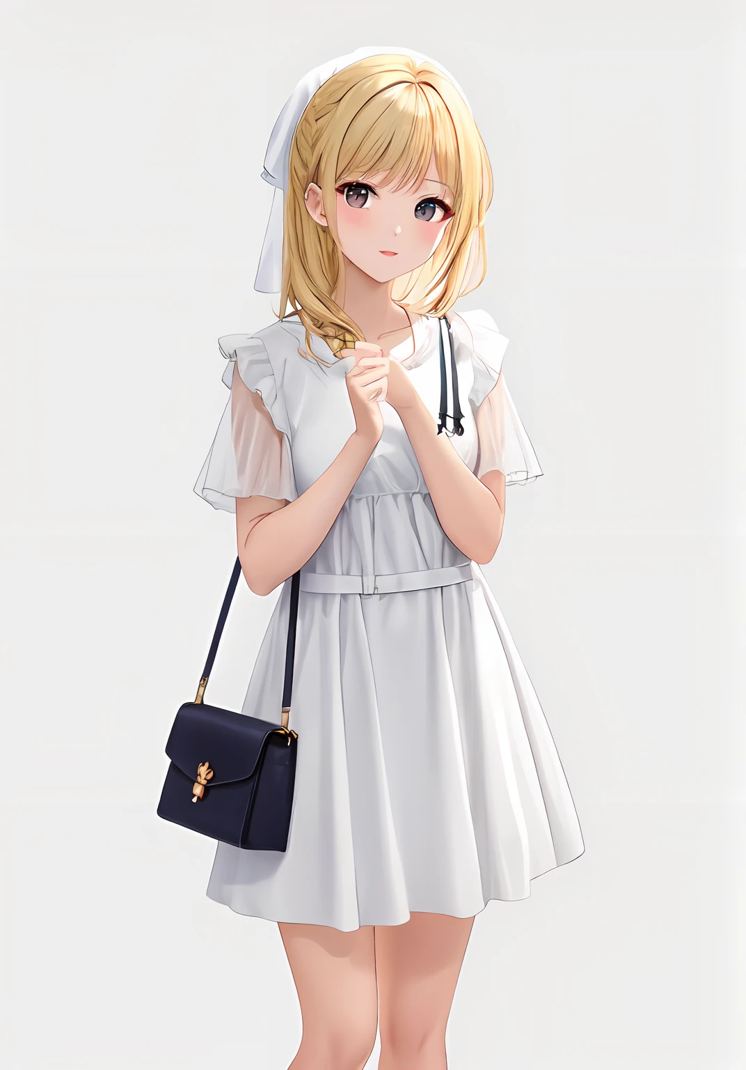 blond haired girl in white dress with a bag and a bow, IMVU, lblsck cabelo, roupa branca inchada, Pose de perfil glamouroso, roupa branca, Pose de Volta, vestido branco e dourado, anime barbie em branco, branco e dourado, corpo inteiro;, pele de ouro branco, Branco!!, vestido em um branco bonito, seasons!! : 🌸 ☀ 🍂 ❄