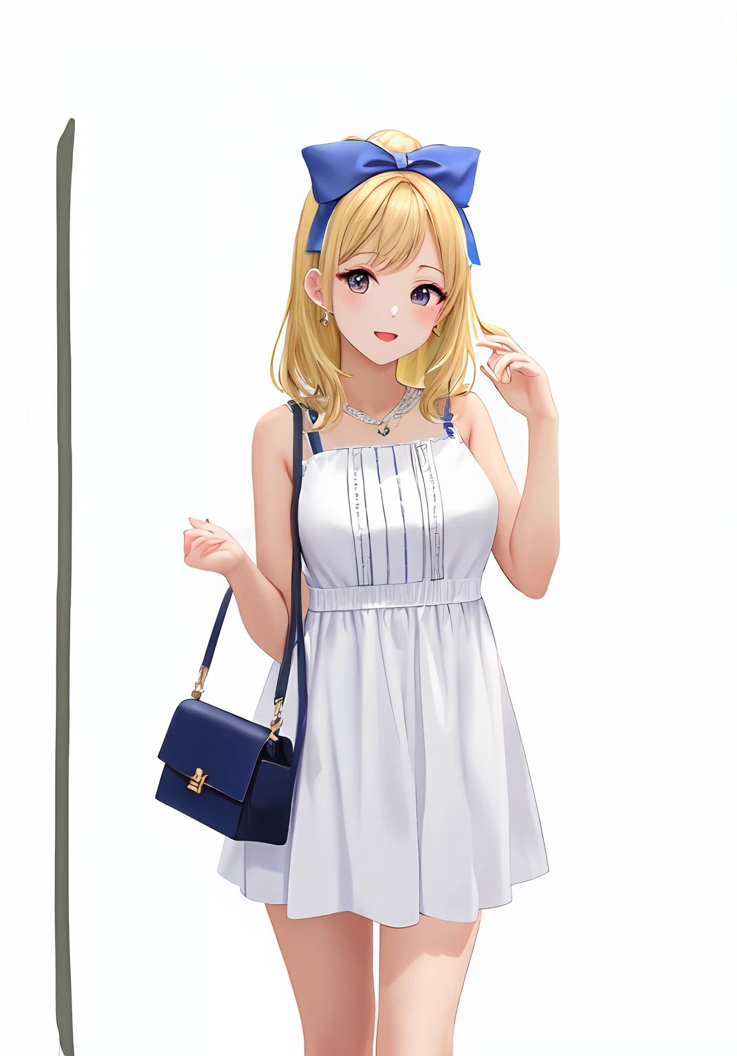 blond haired girl in white dress with a bag and a bow, IMVU, lblsck cabelo, roupa branca inchada, Pose de perfil glamouroso, roupa branca, Pose de Volta, vestido branco e dourado, anime barbie em branco, branco e dourado, corpo inteiro;, pele de ouro branco, Branco!!, vestido em um branco bonito, seasons!! : 🌸 ☀ 🍂 ❄