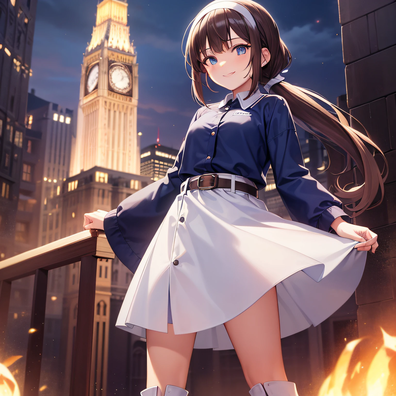 Top quality, very delicate and beautiful, girl, 11 years old, (dark brown hair), blue clothes with vertical buttons, belt at the waist, white skirt, (ponytail)), (white hair band), (brown boots), blue eyes, standing, smile, a large amount of blood in clothes, (bloody), darkness falling, (clothes bloody)