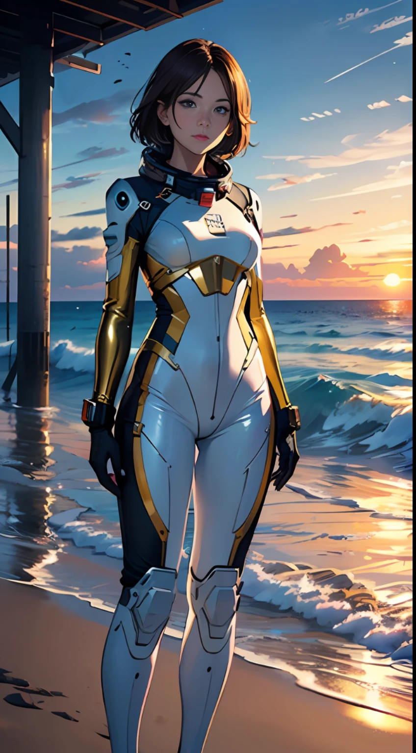 ((woman standing on the beach)), detailed face, mid shot, (chrome golden sci-fi space suit), brown hair, (white clouds), sunset, ships far away in ocean