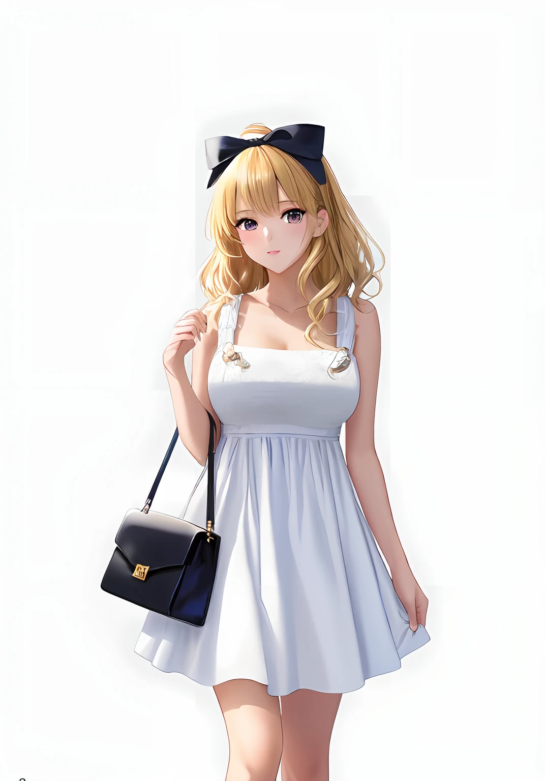 blond haired girl in white dress with a bag and a bow, IMVU, lblsck cabelo, roupa branca inchada, Pose de perfil glamouroso, roupa branca, Pose de Volta, vestido branco e dourado, anime barbie em branco, branco e dourado, corpo inteiro;, pele de ouro branco, Branco!!, vestido em um branco bonito, seasons!! : 🌸 ☀ 🍂 ❄