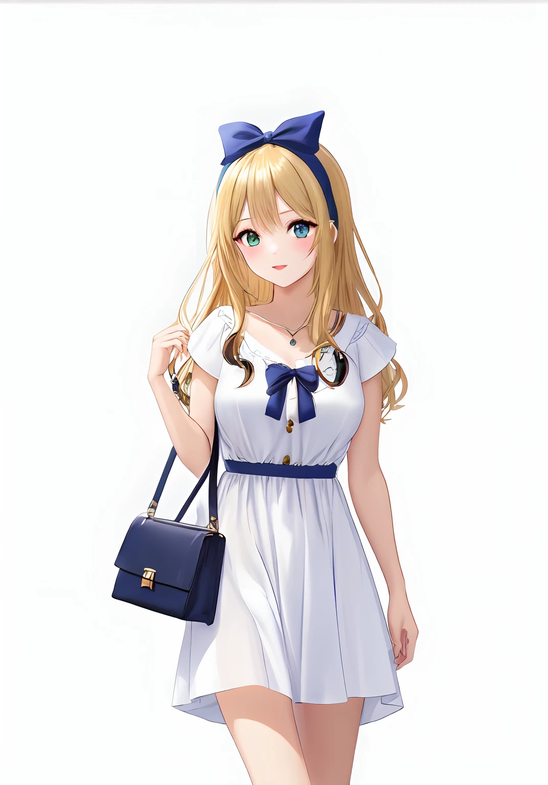 blond haired girl in white dress with a bag and a bow, IMVU, lblsck cabelo, roupa branca inchada, Pose de perfil glamouroso, roupa branca, Pose de Volta, vestido branco e dourado, anime barbie em branco, branco e dourado, corpo inteiro;, pele de ouro branco, Branco!!, vestido em um branco bonito, seasons!! : 🌸 ☀ 🍂 ❄