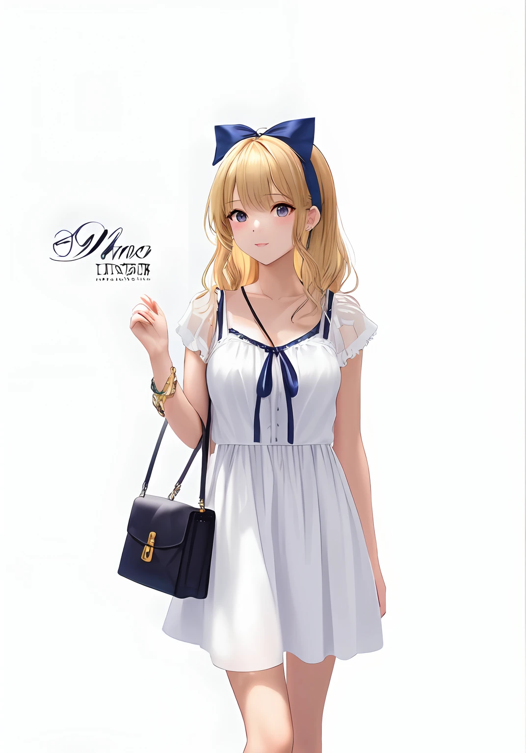 blond haired girl in white dress with a bag and a bow, IMVU, lblsck cabelo, roupa branca inchada, Pose de perfil glamouroso, roupa branca, Pose de Volta, vestido branco e dourado, anime barbie em branco, branco e dourado, corpo inteiro;, pele de ouro branco, Branco!!, vestido em um branco bonito, seasons!! : 🌸 ☀ 🍂 ❄