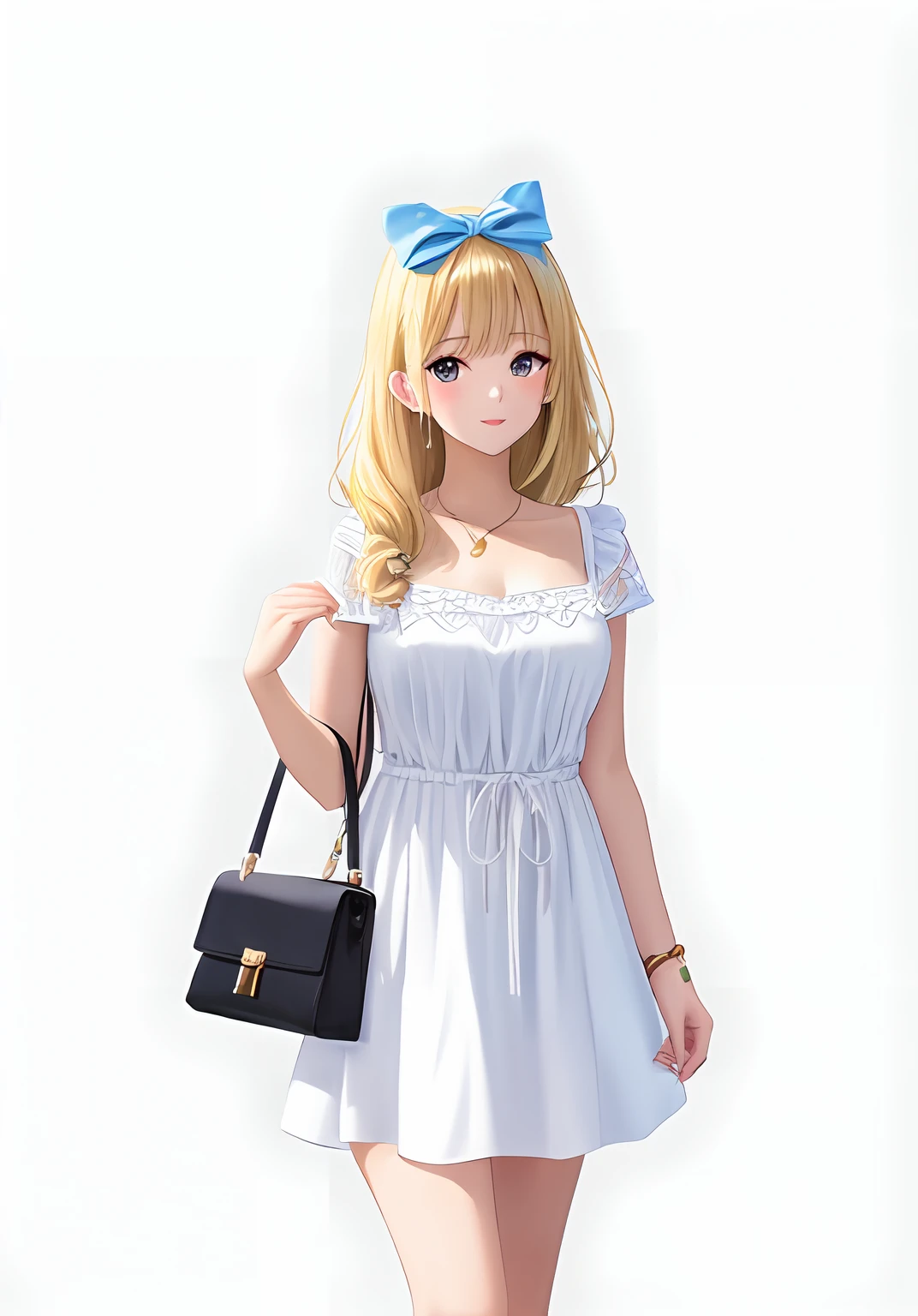 blond haired girl in white dress with a bag and a bow, IMVU, lblsck cabelo, roupa branca inchada, Pose de perfil glamouroso, roupa branca, Pose de Volta, vestido branco e dourado, anime barbie em branco, branco e dourado, corpo inteiro;, pele de ouro branco, Branco!!, vestido em um branco bonito, seasons!! : 🌸 ☀ 🍂 ❄