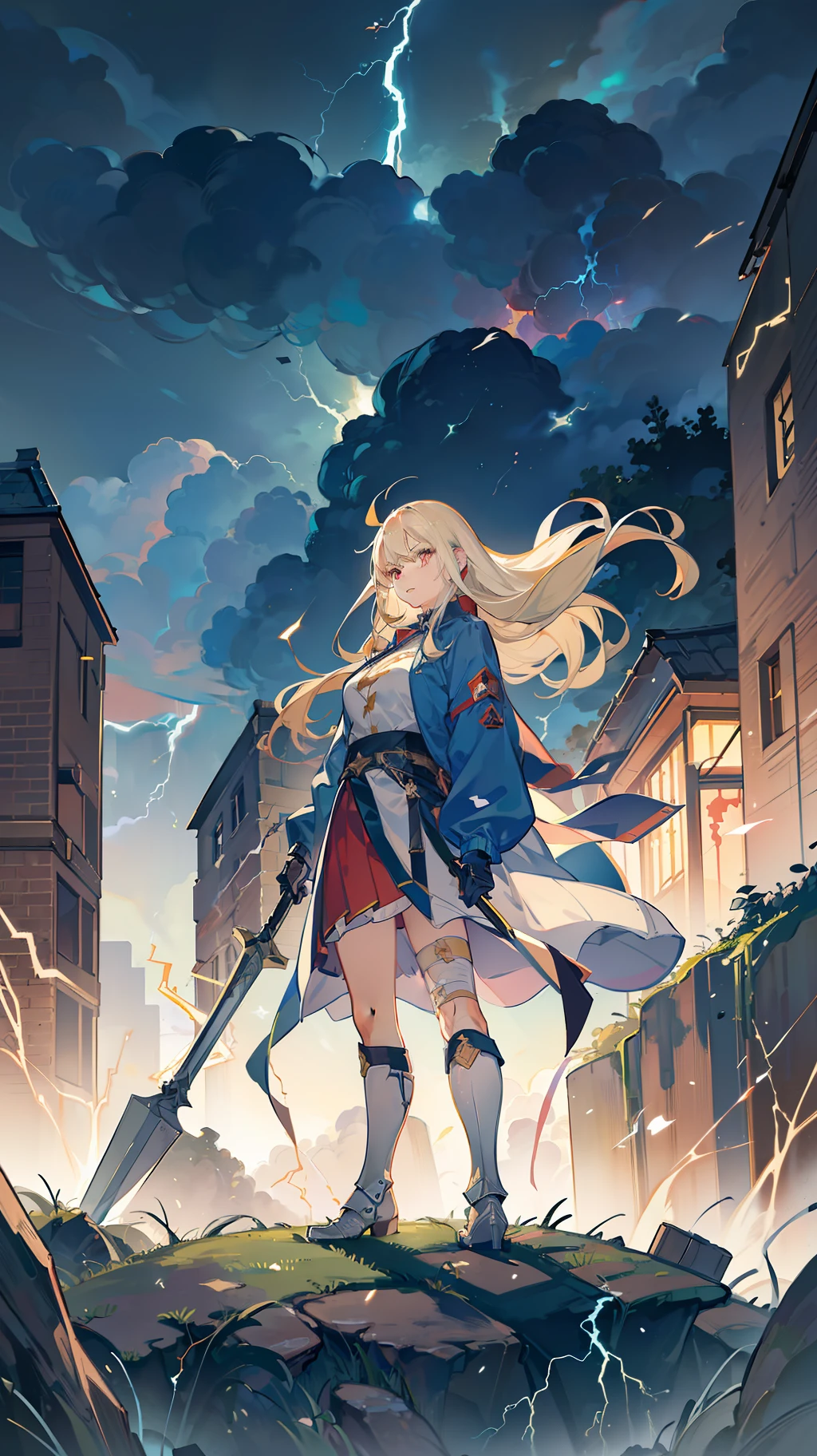 Anime,masterpiece,Cinematic Lighting,exquisite facial features,armored boots,armored skirt,v-shaped eyebrows,glowing eyes,bandaid on arm,male, Arkights, long windbreaker, long hair, huge hammer, Thor, metal belt, metal gloves, lightning surrounding the weapon,, Storms, lightning, metal cities