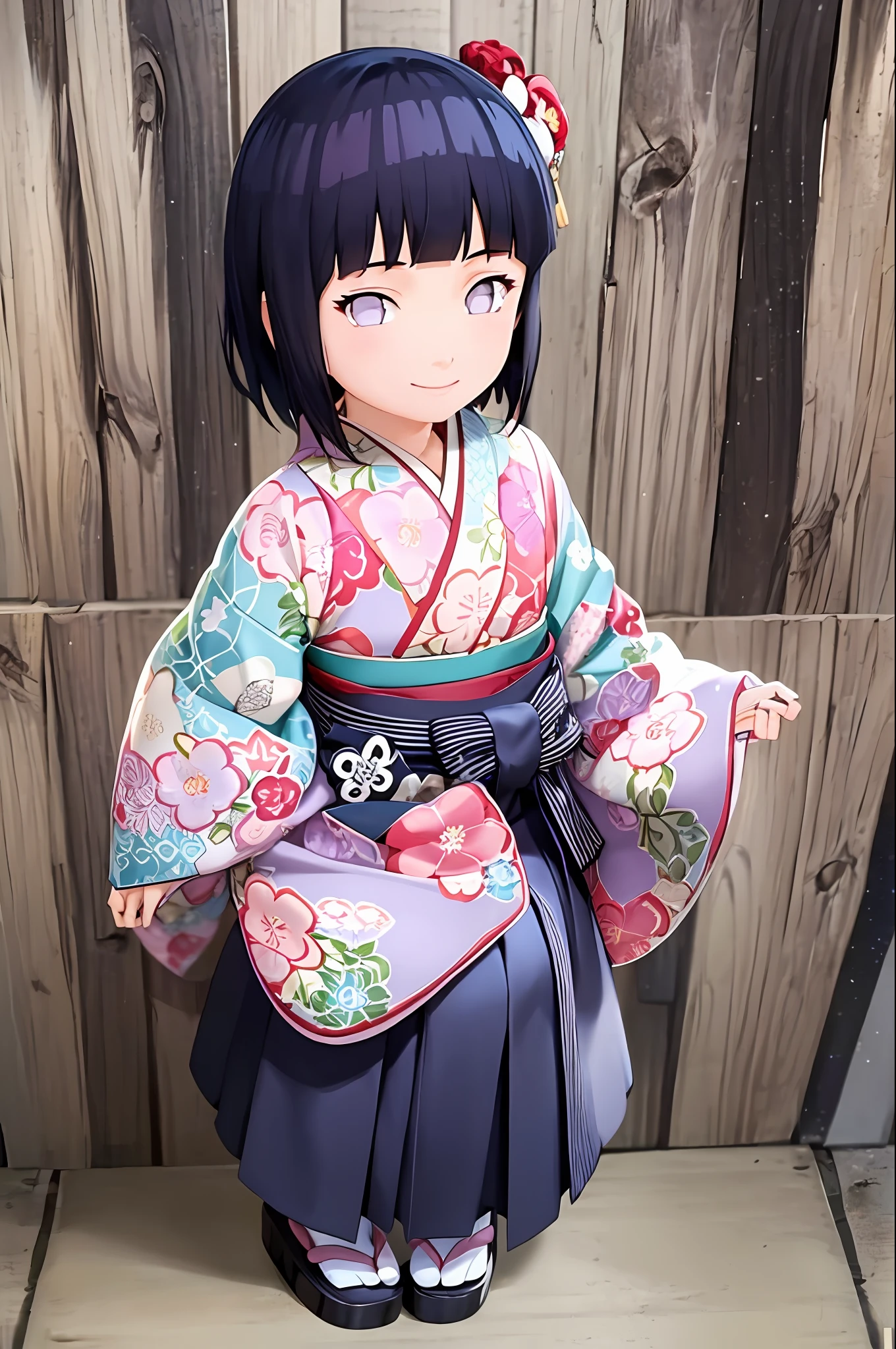 hakama skirt, 1girl, solo, outdoor, cute japanese model girl, floral print, hair ornament, kimono, hakama, bangs, masterpiece, best quality, purple eyes, dark blue hair, short hair, blunt bangs, smile, cute, pretty, beautiful, detailed character, hinata, child, toddler, small, chibi