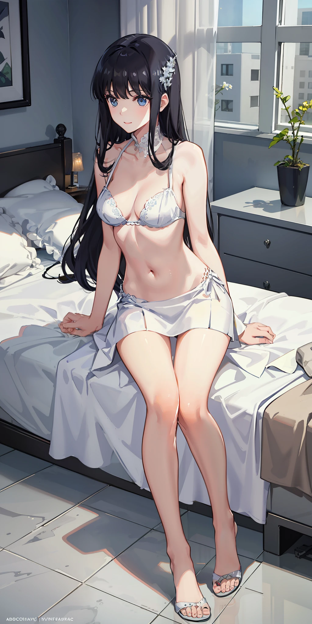 masterpiece, best quality, ultra-detailed, illustration,1girl,
long hair, black hair, 
medium breast,  white gown, slim legs, navel, nervous, bedroom, laying