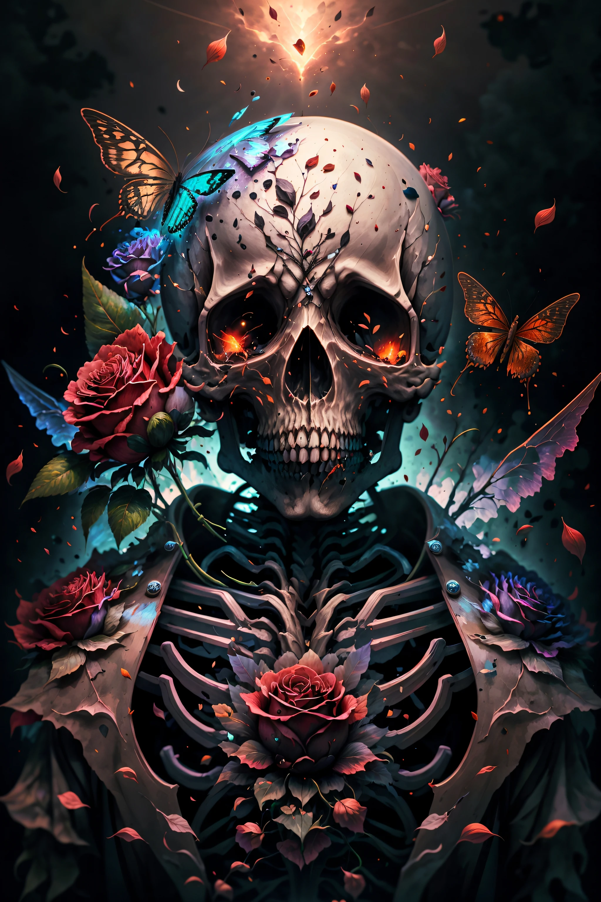 solo, flower, teeth, petals, no humans, glowing, rose, bug, black background, red flower, butterfly, skull, red rose, skeleton, rose petals