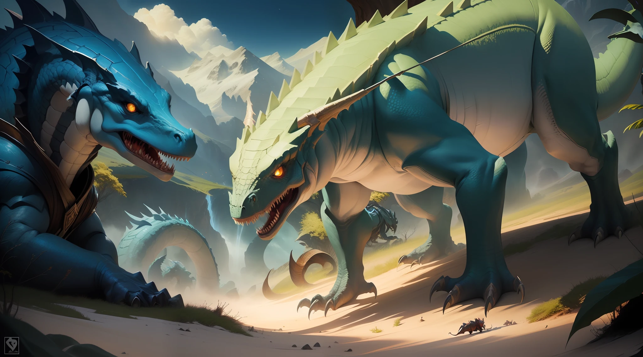 there are two dinosaurs that are fighting over a tree, author：Adam Maczynski, detailed game art illustration, wojtek fus, collectible card art, epic full color illustration, Fantasy art Behance, 3 d epic illustrations, D&d commision art dragon, magic the gathering card art, ultraterrestrial dragons, detailed digital 2d fantasy art