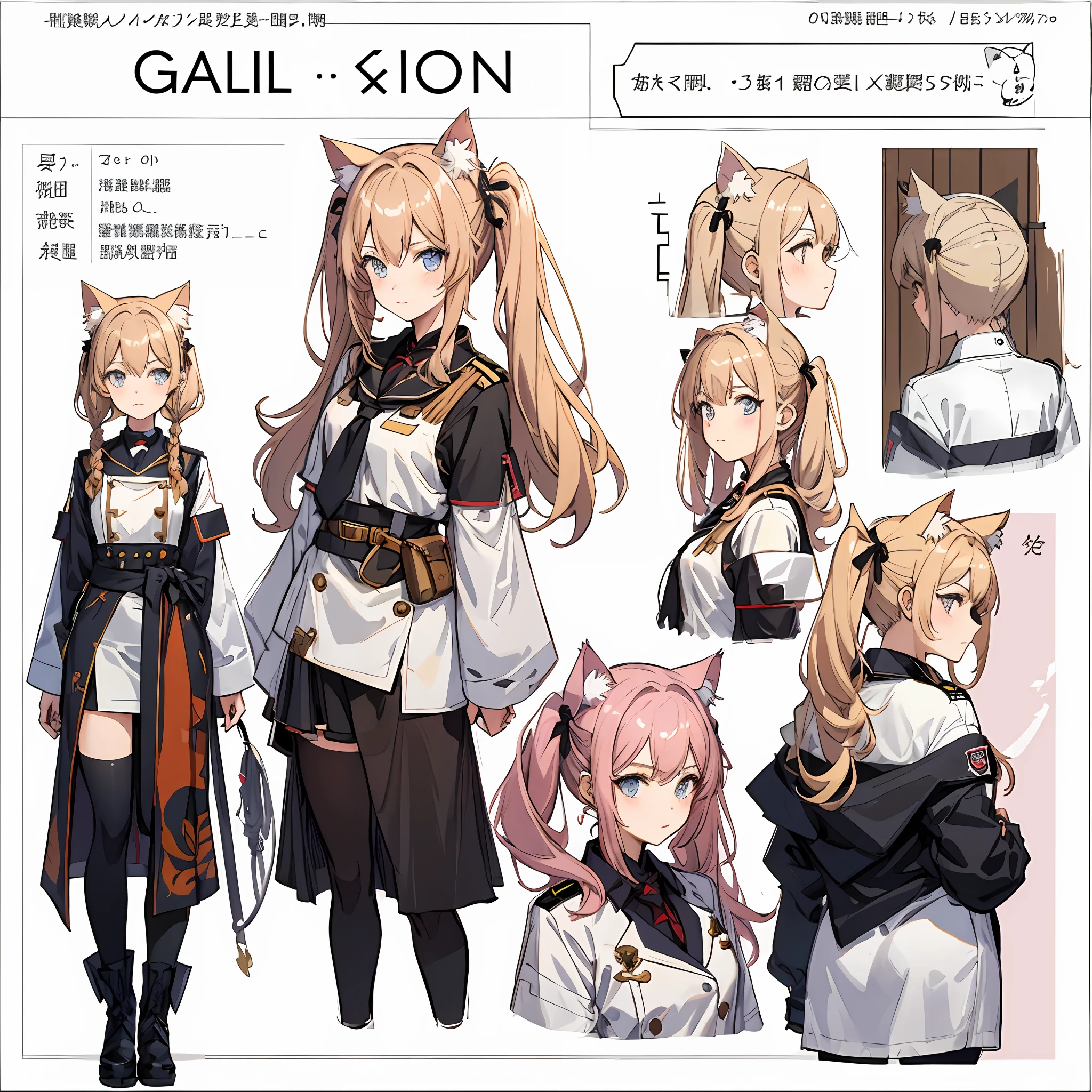 Cat ears，Chat box，comic strip，Squadron，Squadron clothing，80s fashion，Urban popular colors，（character design sheet，facefront，backfacing，Lateral face，Same character），The background is simple，pigtails，Mazu，Female brat，Thick eyebrows，thin waists，Beautiful blonde，pigtails，（nmasterpiece），（（HighestQuali）），（ultra detaild），gal girl，（beautifuleyes）），Clean and meticulous face，Five fingers，Textile shades，anatomy perfect