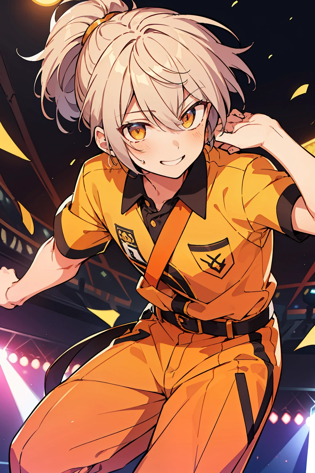 (high-quality, breathtaking),(expressive eyes, perfect face), 1boy, male, solo, short, young boy, long grey hair with ponytail, orange eyes, smile, yellow idol outfit, pants, on stage