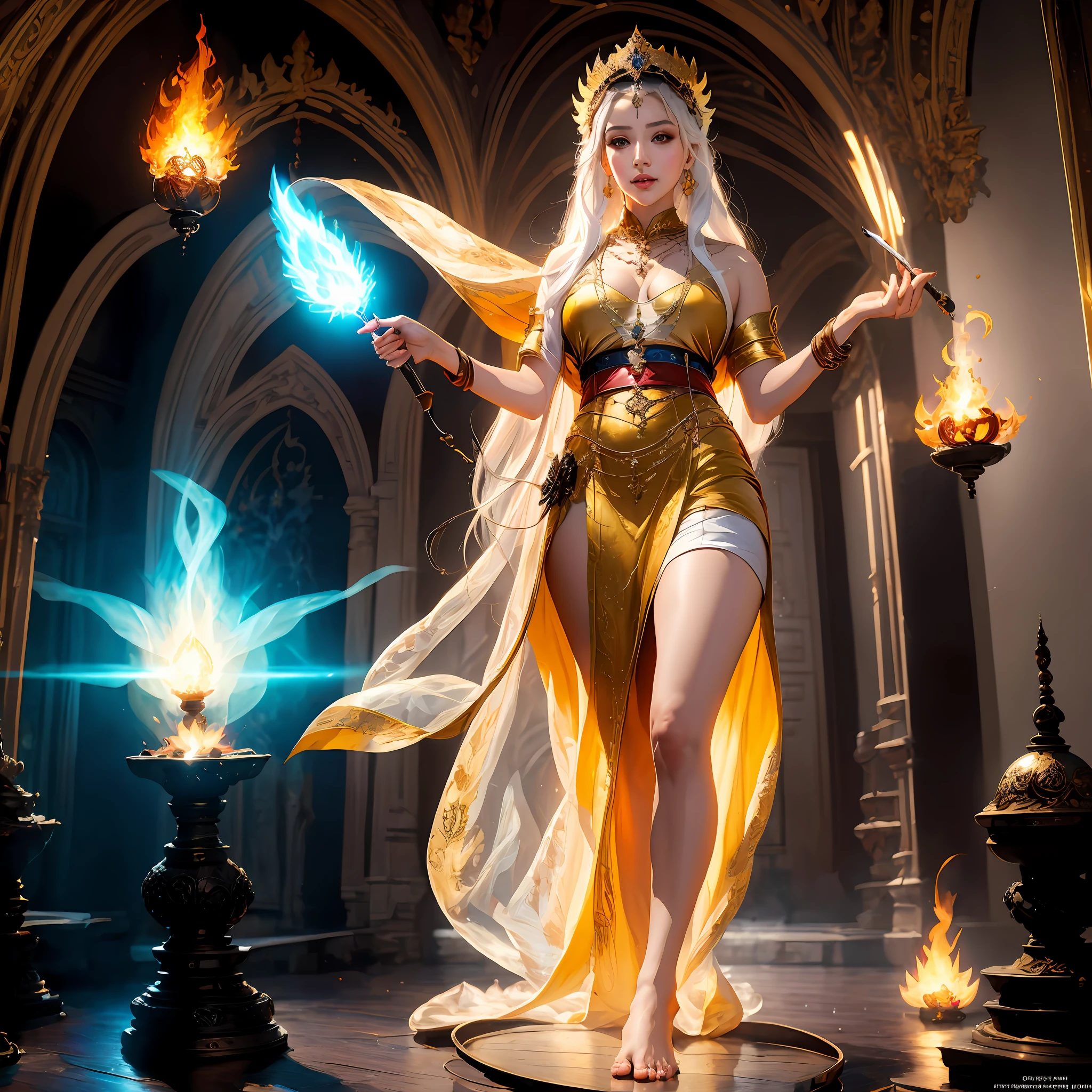Full close-up of a woman in bizarre costume holding a fiery wand, Standing barefoot on a flower platform in the center of the hall,The background is in the mysterious palace,Heavy doors,Mysterious atmosphere,oil lamp,Red flames behind him,Art germ on ArtStation Pixiv, Goddess of Light, IG model | Art germ, anime goddess, beautiful celestial mage, white haired deity, cushart krenz key art feminine, a beautiful fantasy empress, concept arts | Art germ, Artgerm style