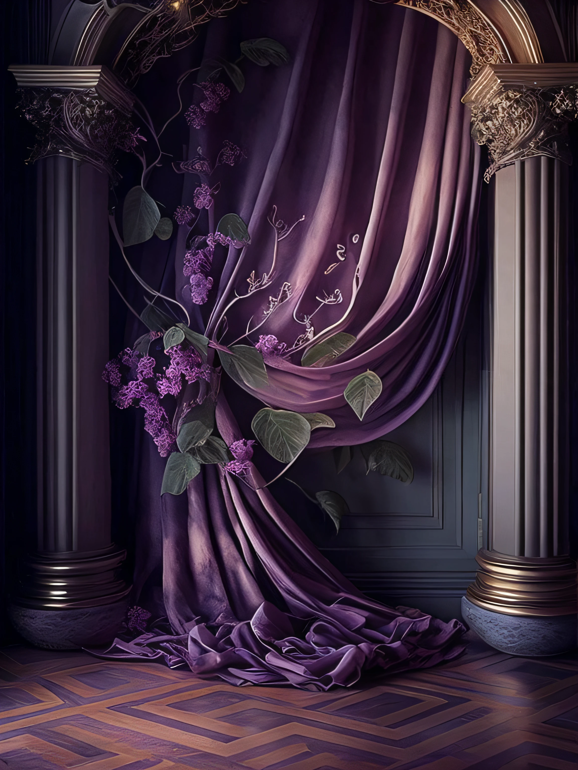 purple curtain draped over a purple curtain with flowers and leaves, Envuelto en terciopelo y flores, draped in purple, purple drapery, draped in purple and gold silk, draped in silky purple and gold, degradados suaves. baroque period, stunning arcanum backdrop, Fondo de pintura de estilo barroco, shades of purple, purple aethetic, magical realism style, adornado y fluido