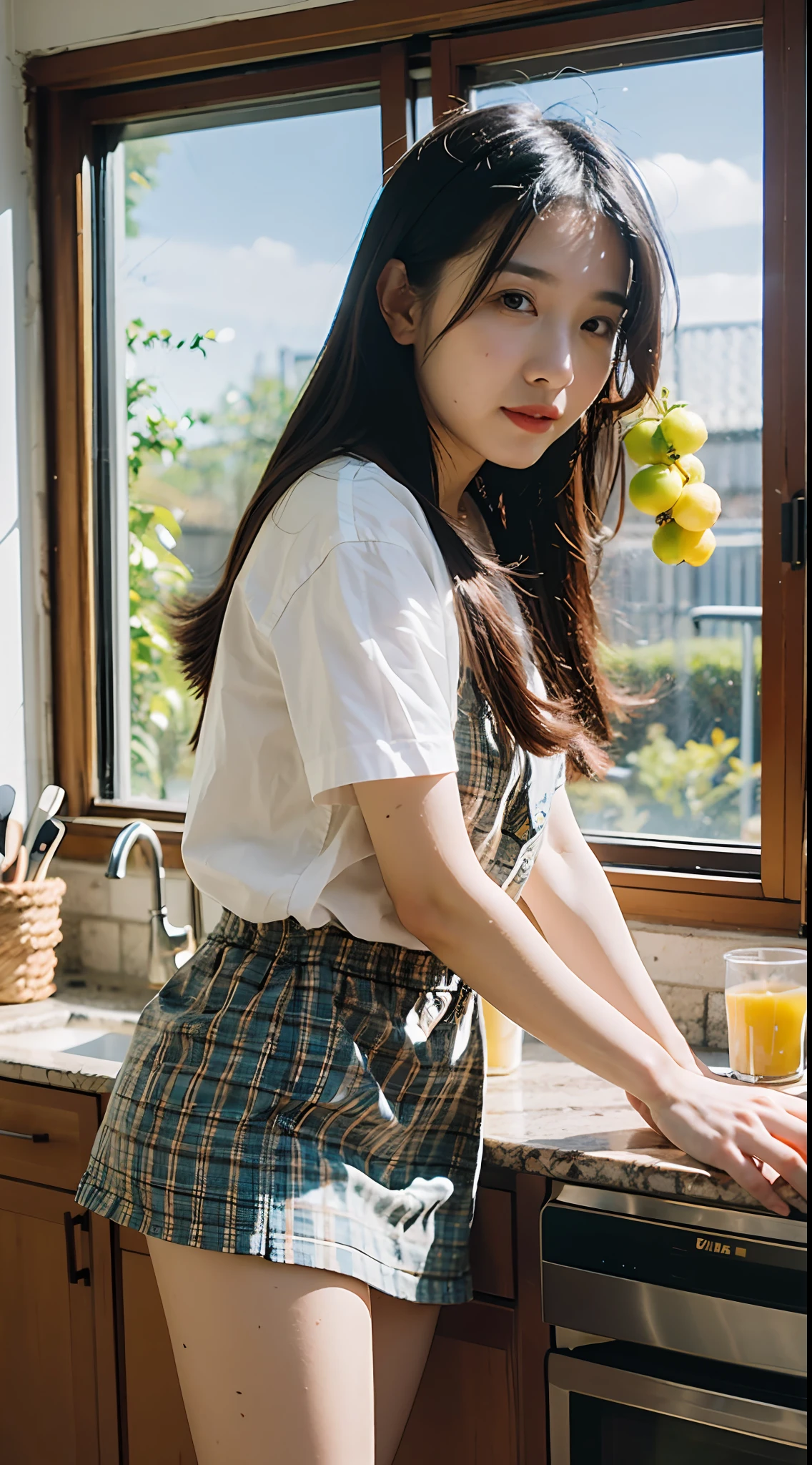 最佳质量,nmasterpiece,UltraHighResolution,(make realistic:1.4),OriginalPhoto,Wallpapers,(Bust photo),(Slim figure),(shortsleeves),(Wash fruit in the kitchen),The skin,simplebackground,Black eyes,specifics,Side face, 1个女孩,18 yrs old,light wind,The sun shines in the kitchen
