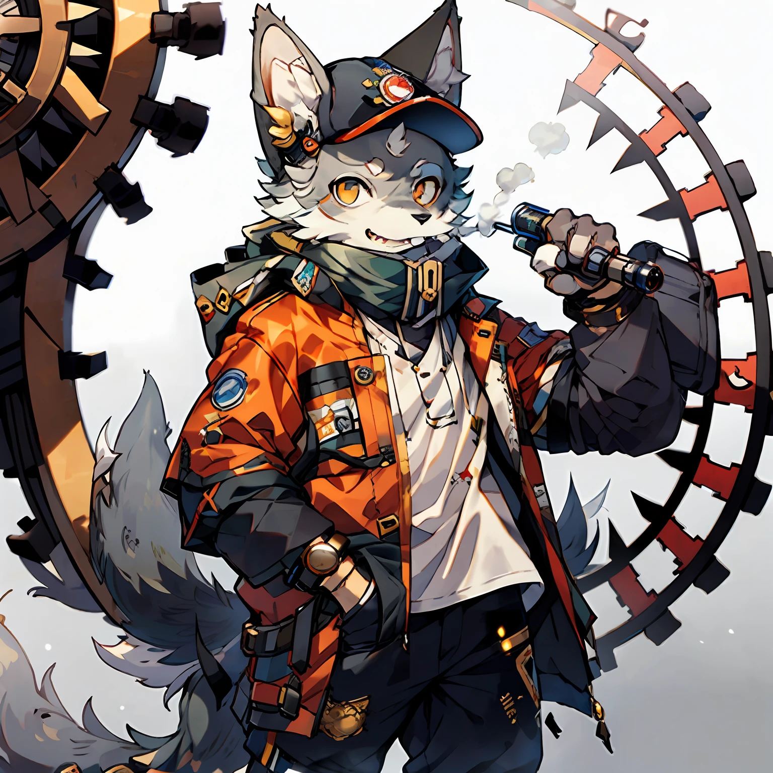 steam-punk、Solo, furry, Furry wolf, canine, , gray fur, gray ears, Golden Eyes, , haori, hat,watch、Mechanical devices