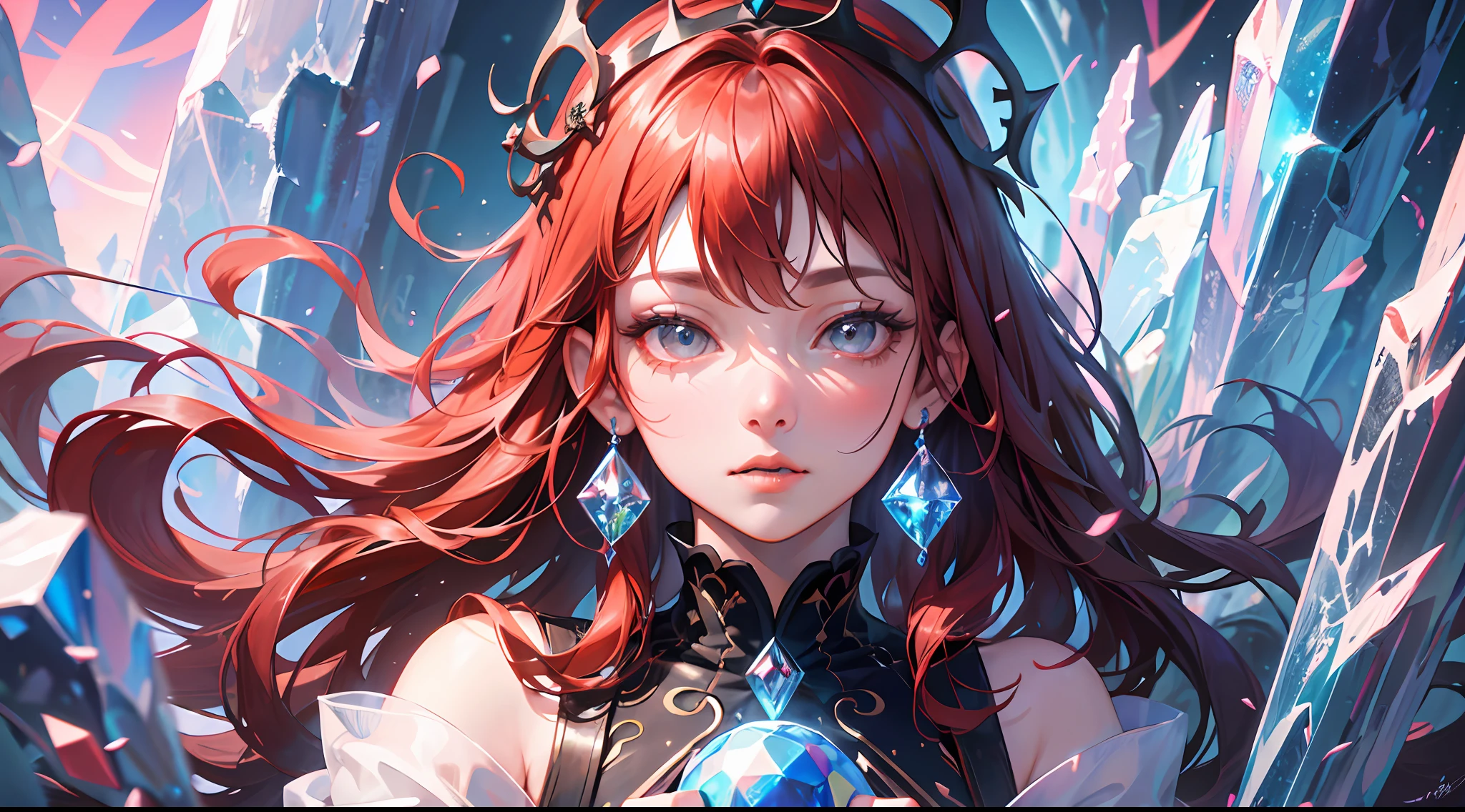 (absurdres, highres, ultra detailed), 1woman, mature female, aged up, wavy long hair, auburn hair, coral eyes, bangs, long sleeves, finely detailed eyes and detailed face, extremely detailed CG unity 8k wallpaper, intricate details, (style-swirlmagic:1.0), looking at viewer, solo, upper body, detailed background, close up, detailed face, (gothic dark ages theme:1.1), crystal sorcerer, dynamic pose, earth themed clothes, crystal crown, floating in the air, glowing magical shards, surrounded by blue magical crystals, rock formations, stalactites, magical floating particles, crystal glass, crystal sphere, crystal canyon background, (shallow water:0.7), epic ethereal atmosphere, updraft,, portrait