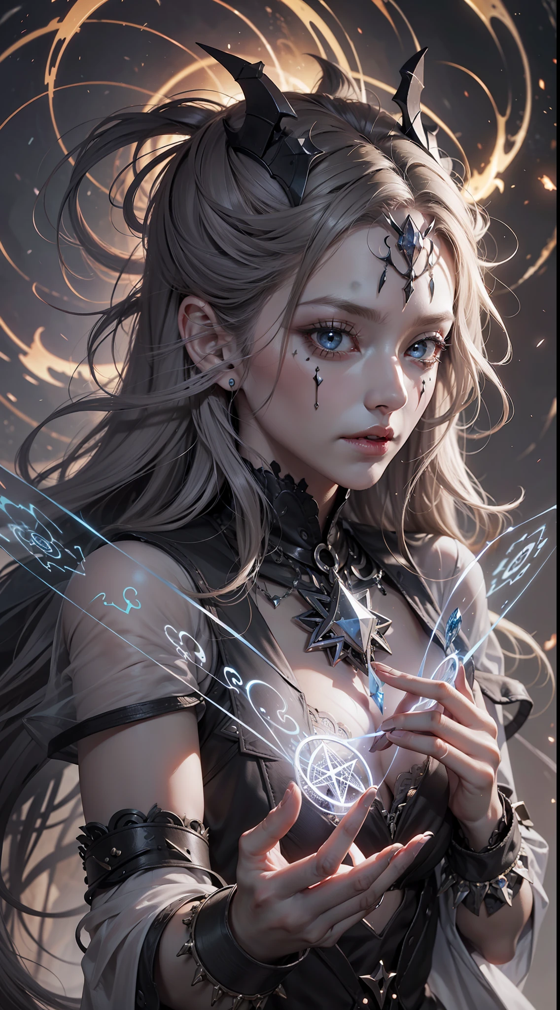 (Very detailed 8K wallpapers), The middle ground of a terrifying necromancer,magic, Bright magic, Pentagram, Magic Circles, sparks, intricated, The highly detailed, dramatic
