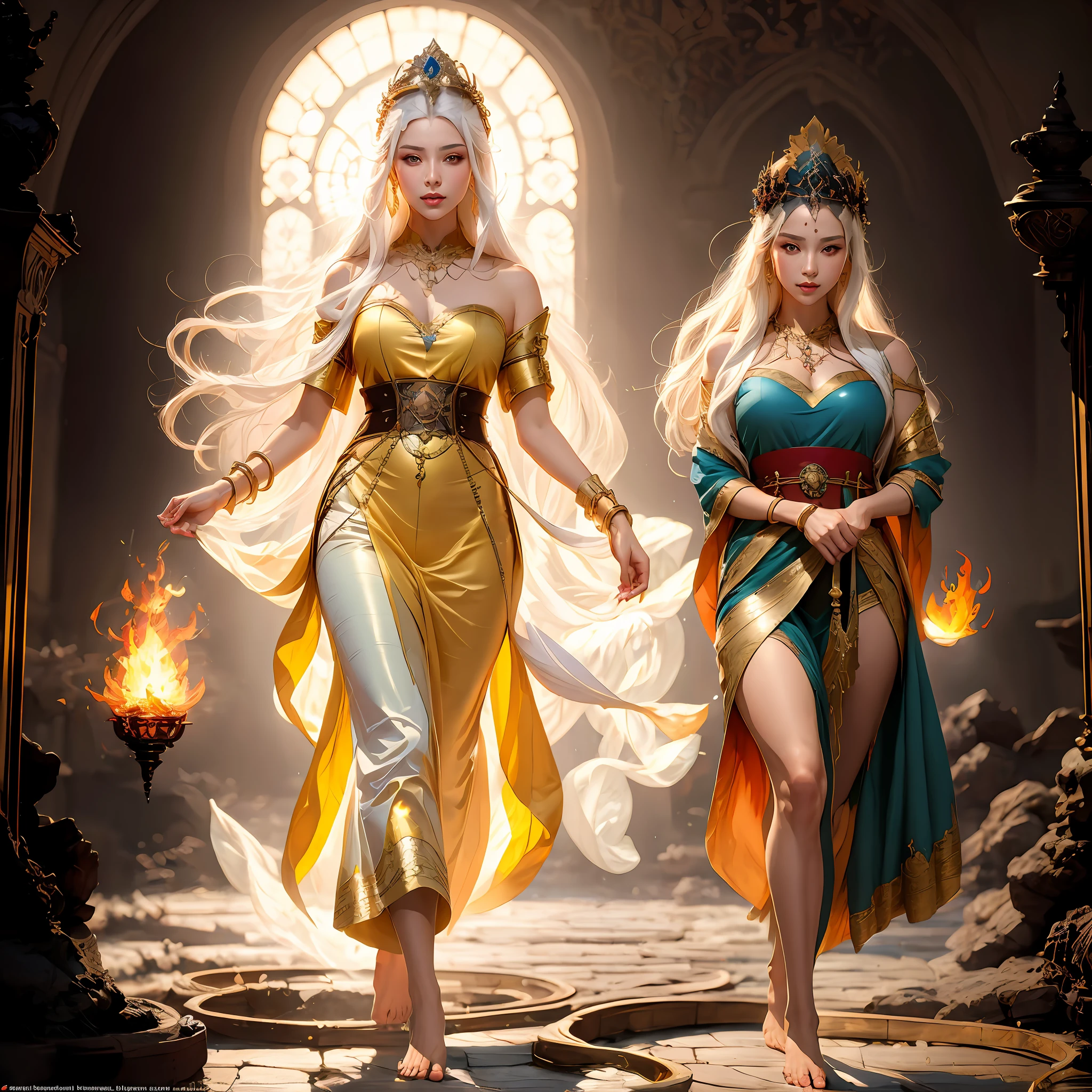 Full close-up of a woman in bizarre costume holding a fiery wand, Standing barefoot on a flower platform in the center of the hall,The background is in the mysterious palace,Heavy doors,Mysterious atmosphere,oil lamp,Red flames behind him,Art germ on ArtStation Pixiv, Goddess of Light, IG model | Art germ, anime goddess, beautiful celestial mage, white haired deity, cushart krenz key art feminine, a beautiful fantasy empress, concept arts | Art germ, Artgerm style