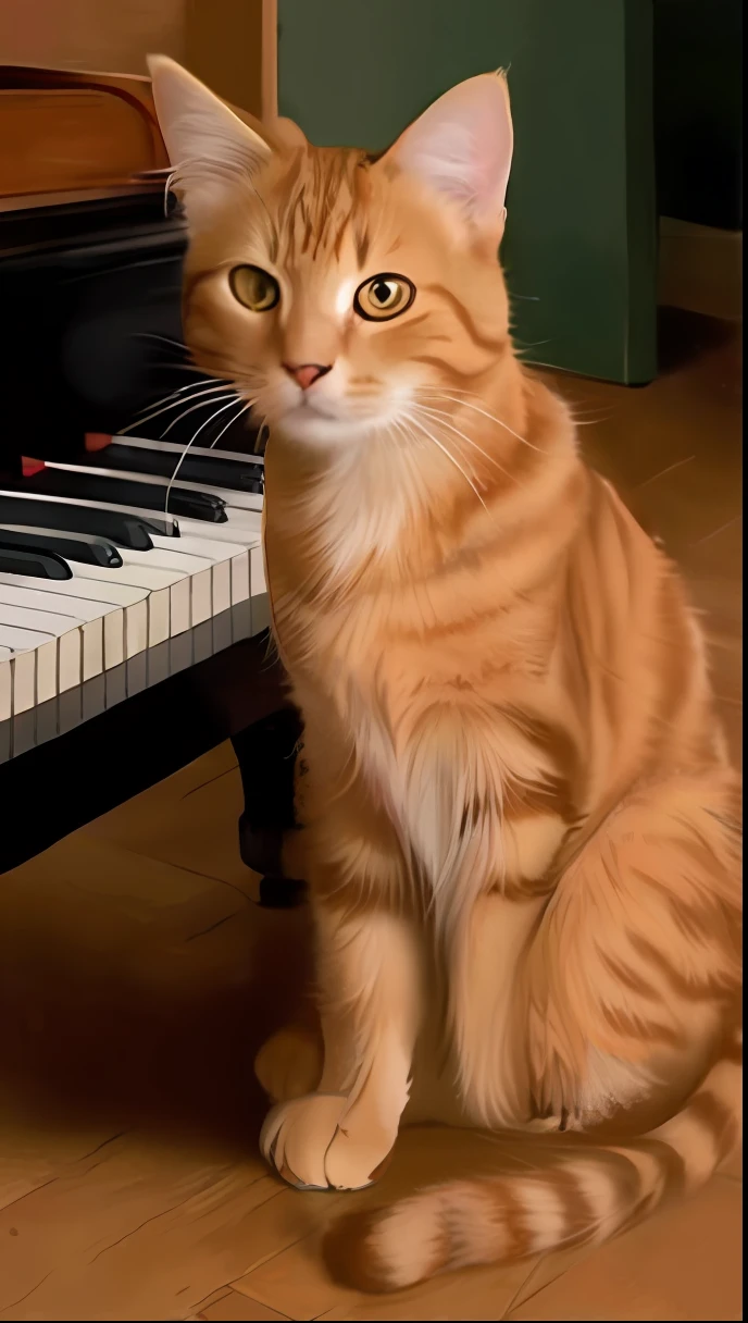 there is a cat sitting on the floor next to a shoe, ginger cat, an orange cat, orange cat, a handsome, ginger hair and fur, ginger cat in mid action, playing with a small piano