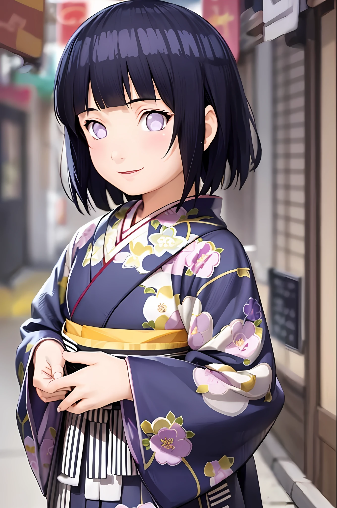 hakama skirt, 1girl, solo, outdoor, cute japanese model girl, floral print, hair ornament, kimono, hakama, bangs, masterpiece, best quality, purple eyes, dark blue hair, short hair, blunt bangs, smile, cute, pretty, beautiful, detailed character, hinata, child, toddler, small, chibi