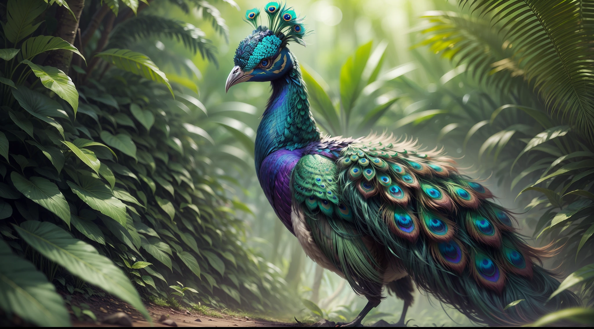 Majestic peacock displaying magnificent feathers in lush rainforest