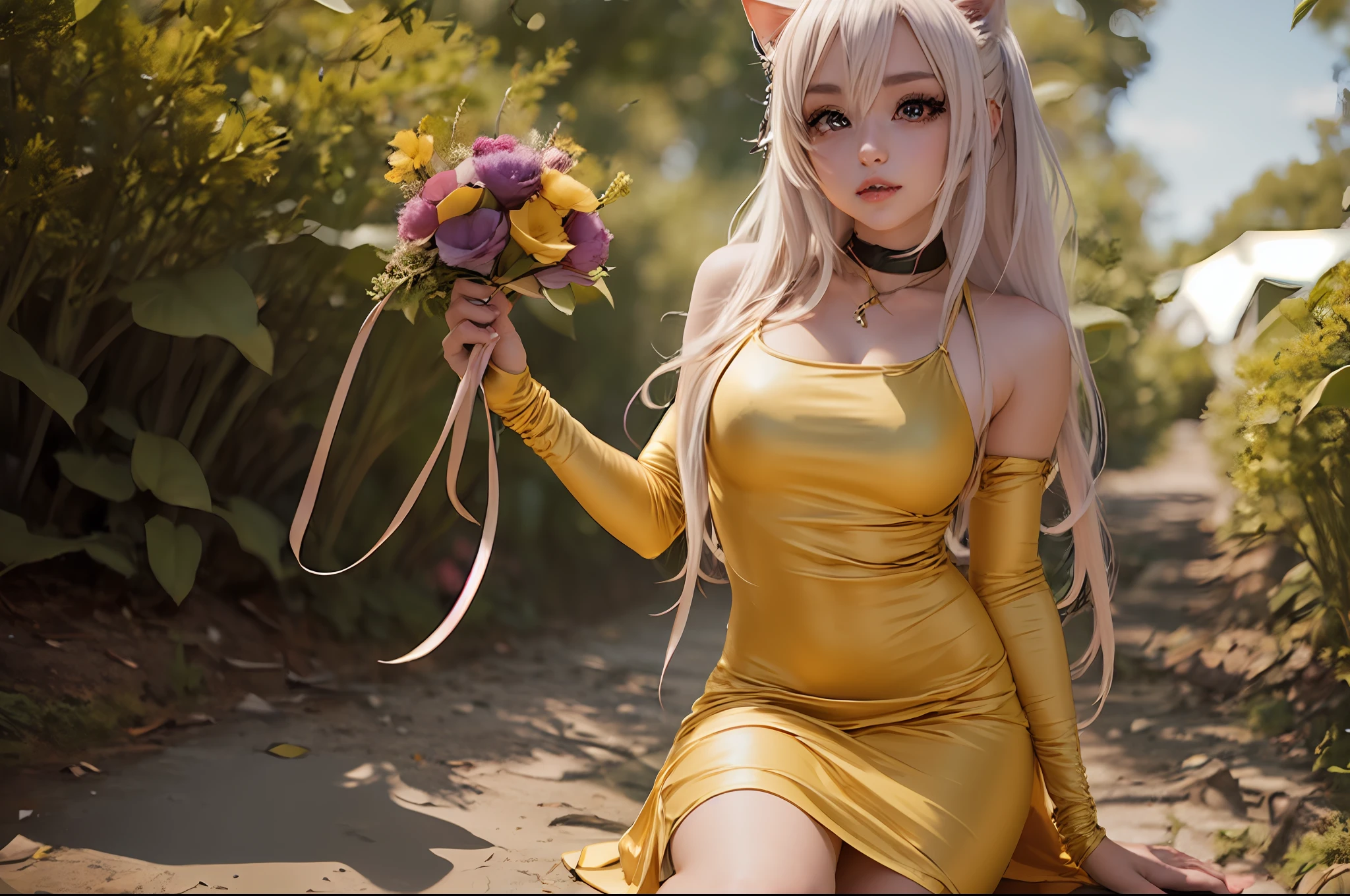 Mujer de cabello rubio con un vestido amarillo sentada en una pasarela de piedra, Atractiva chica , Anime Girl Cosplay, Hermosa joven , Muy hermosa chica anime, muy hermosa linda , Hermosa chica de anime, Diosa del anime, Anime de cosplay gato, Modelo IG | Artgerm, Tendencias en CGVatstation, Anime Catgirl, Chica de anime en la vida real, seductora chica de anime