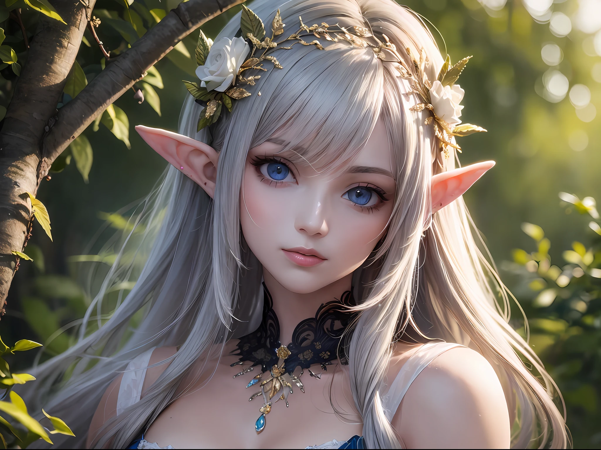 (masterpiece, high resolution, intricate:1.3), the most beautiful elven princess from Valinor, possessing a flawless and youthful (figure:1.1), adorned with exquisite jewelry that complements her style, (fine and delicate garments:1.2), her face radiating perfection, (captivating smile:1.2), strolling through a garden adorned with vibrant roses, (colorful blooms:1.2), (fragrant petals:1.1), a backdrop of natural beauty, (azure blue eyes:1.2), sparkling with a hint of luminosity, (resting under a tree:1.1), seeking respite, as the sun gradually approaches the horizon, casting a warm glow, a serene and enchanting moment captured in time, a portrayal of the ethereal grace and timeless allure of the elven princess. Cinematic, Hyper-detailed, insane details, Beautifully color graded, Unreal Engine, DOF, Super-Resolution, Megapixel, Cinematic Lightning, Anti-Aliasing, FKAA, TXAA, RTX, SSAO, Post Processing, Post Production, Tone Mapping, CGI, VFX, SFX, Insanely detailed and intricate, Hyper maximalist, Hyper realistic, Volumetric, Photorealistic, ultra photoreal, ultra-detailed, intricate details, 8K, Super detailed, Full color, Volumetric lightning, HDR, Realistic, Unreal Engine, 16K, Sharp focus, Octane render --v testp