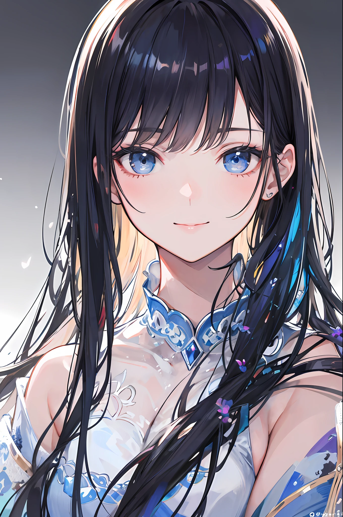 **smile on face、Women with strong eyes、Long hair、Realistic painting style、Precisely.,Top image quality、HighestQuality、delicate detail 、Delicate depiction 、Vibrant colors、transparency、Transparent hair,Transparent skin,Transparent eyes,Transparent light、