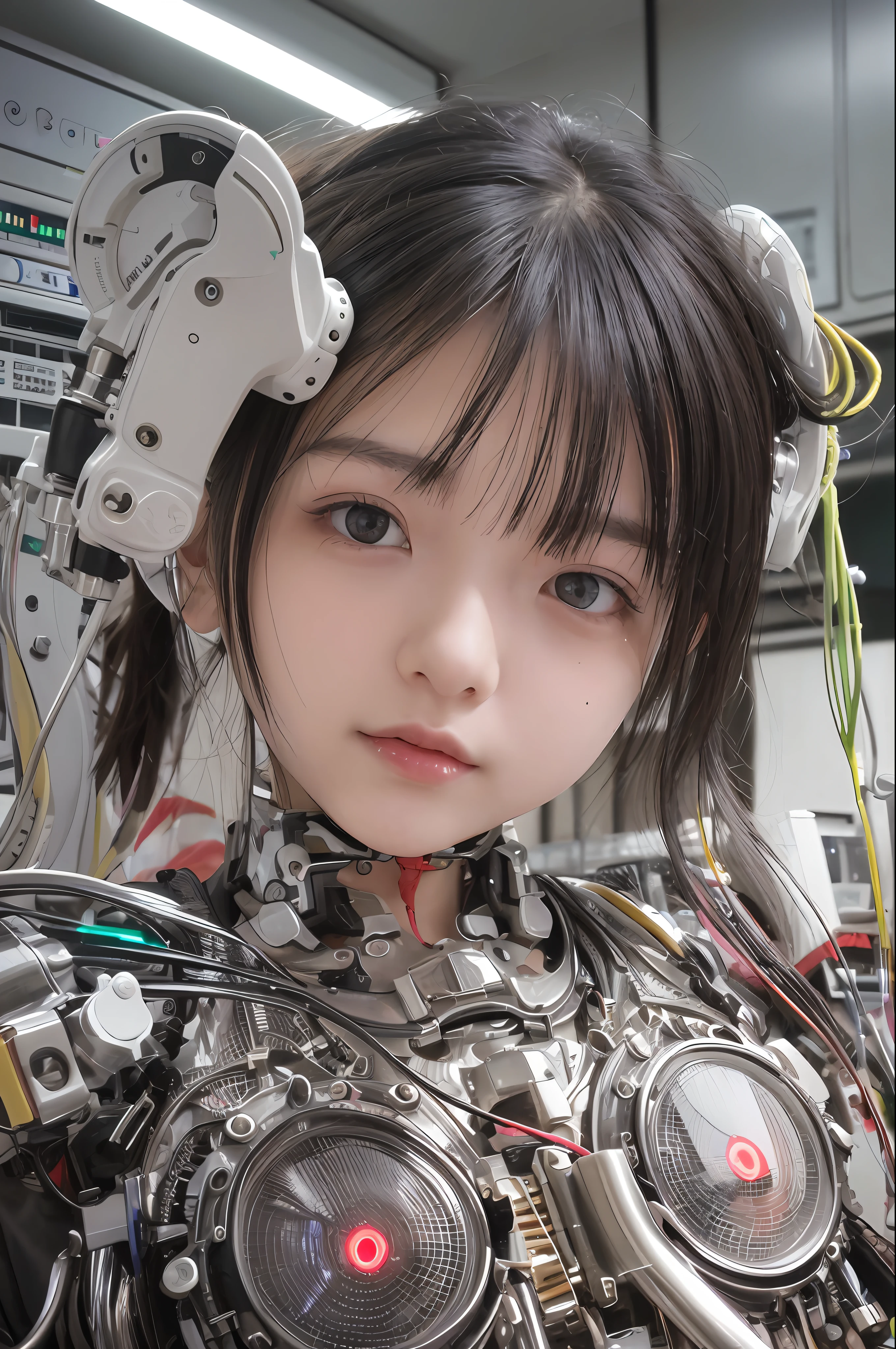 best quality、A masterpice、UltraHighResolution、(photorealestic:1.4)、Raw photo、女の子1人、Black hair、glowy skin、1 Mechanical Girl、((hyper-realistic details))、portlate、Global Illumination、Shadow、Rendu octane、8K、ultrasharp、HugeBoobs、Raw skin is exposed in cleavage、Machine body、metals、Details of complex ornaments、Sumerian details、high intricate details、Realistic light、CGSoation Trends、purple colored eyes、glowing eye、Facing the camera、neon details、Mechanical limbs、blood vessels connected to tubes、Mechanical vertebrae attached to the back、mechanical cervical attaching to neck、sitting on、Wires and cables connecting to the head、Small LED lamps、Glowing tube、The background is the server room of the future、、