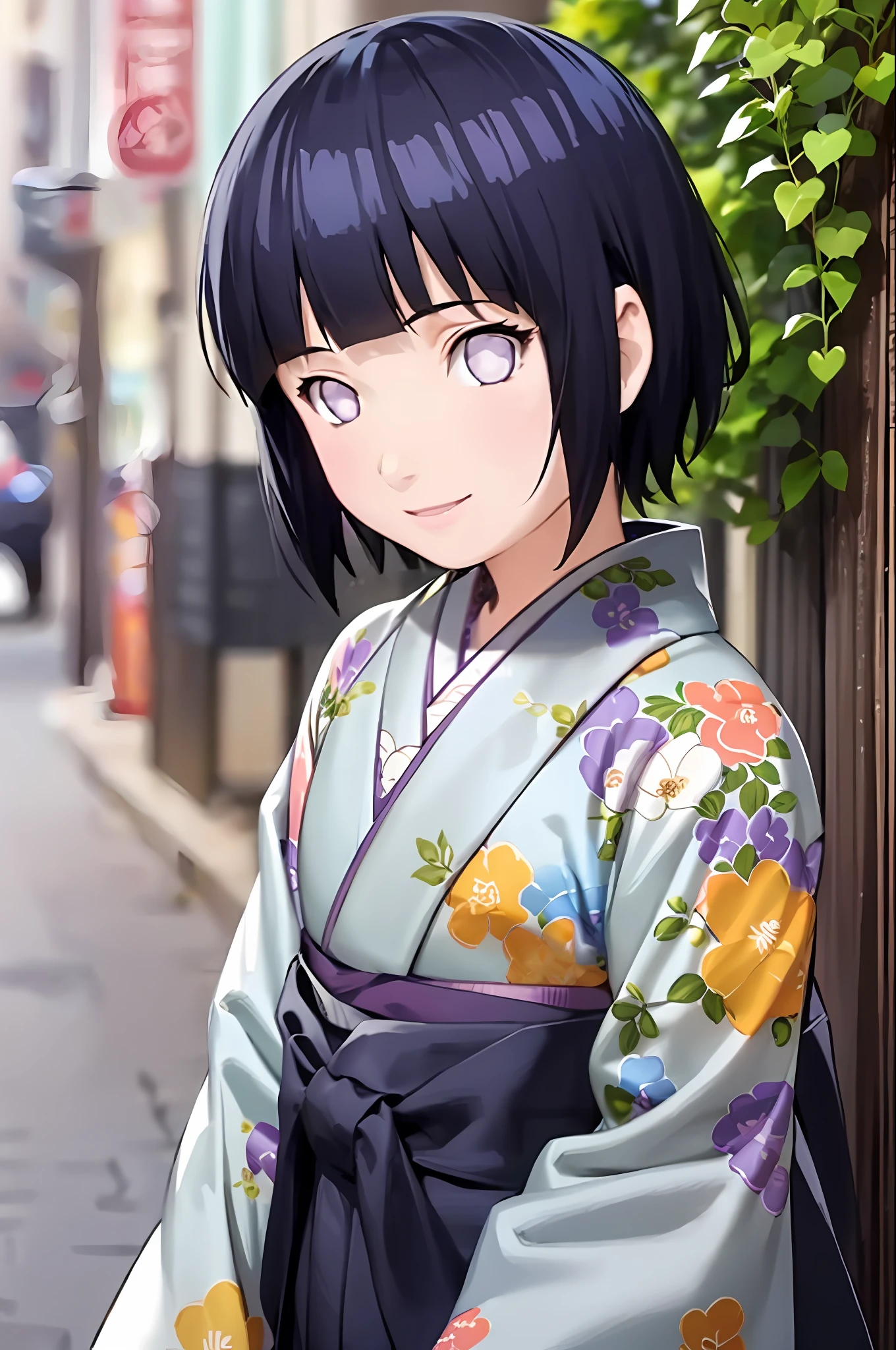 hakama skirt, 1girl, solo, outdoor, cute japanese model girl, floral print, hair ornament, kimono, hakama, bangs, masterpiece, best quality, purple eyes, dark blue hair, pixie short hair, blunt bangs, smile, cute, pretty, beautiful, detailed character, hinata, , toddlll, chibi