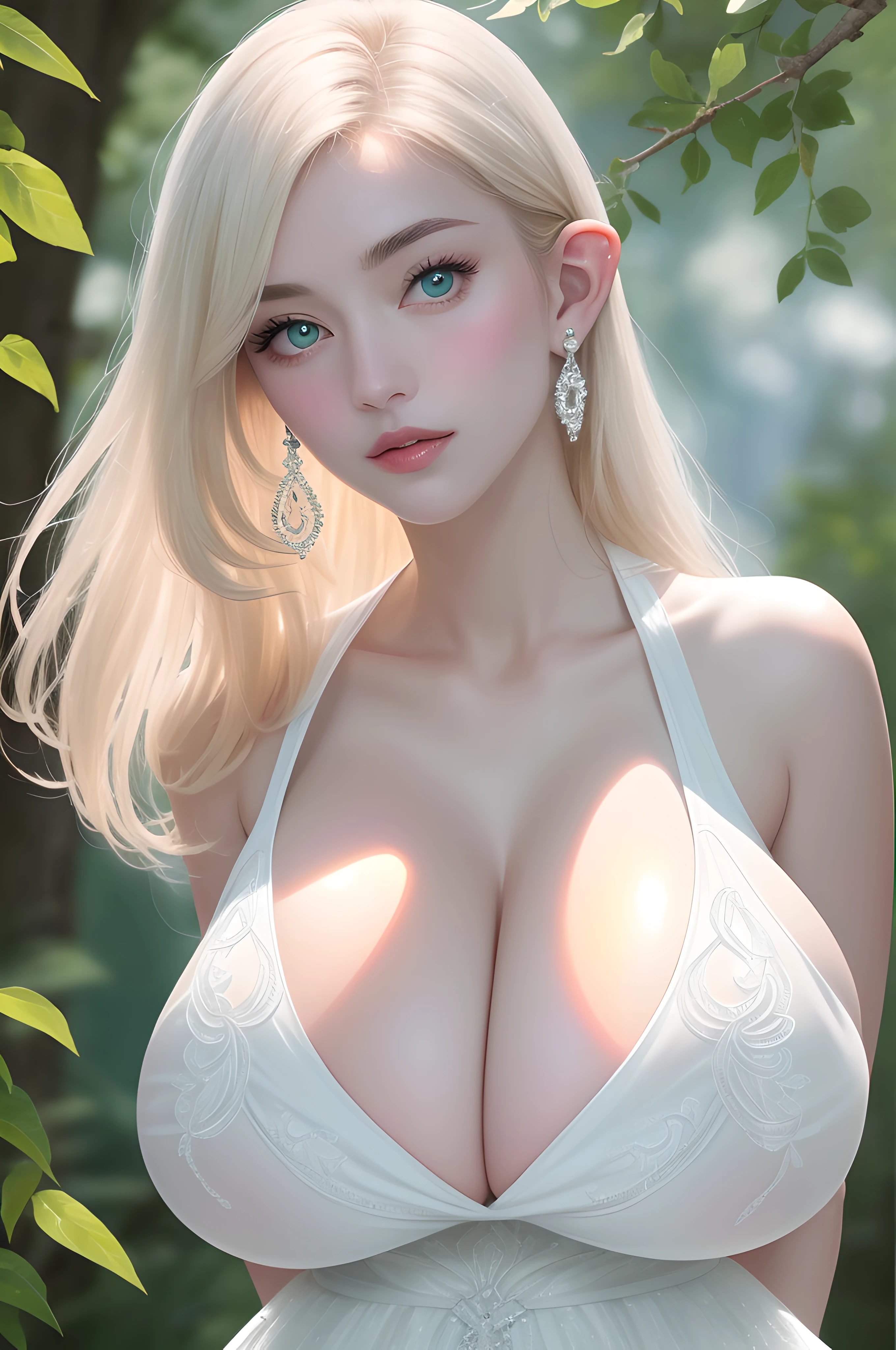 (Ultra Quality,Unparalleled Masterpiece:1.4)Ultra-Detailed CG,4K(Ultra-Detailed Clear Absurdly-Vivid Mint Big Eyes:1.2)Gorgeous Round Detailed Face(Voluptuous:1.4)Elf(Gigantic Breasts:1.8)(Voluminous Long Blonde Hair: 1.4)ADULT(Bangs, Sidelocks:1.2)Seductive(intricately detailed white dress:1.3)(Zelda)(Celestine Lucullus: 1.2)(Solo:1.4)(1Girl: 0.5)(Facing Viewer:1.2)(arms behind back:1.4)(Cowboy Shot:1.2)(from above:1.1),Skindentation(Curvaceous:1.4)(Curvy:1.4)(Bimbo: 1.4)(Normal Waist: 1.2)(Thick Lips: 1.3)small-nose(light smile: 1.2)Rocks,Trees, Plants,Bush,(long Pointy Ears:1.3)((gigantomastia))((macromastia))(((ridiculously large breasts)))(((((enormous breast)))))(absurdly huge breasts:1.5)sagging breasts,venusbody