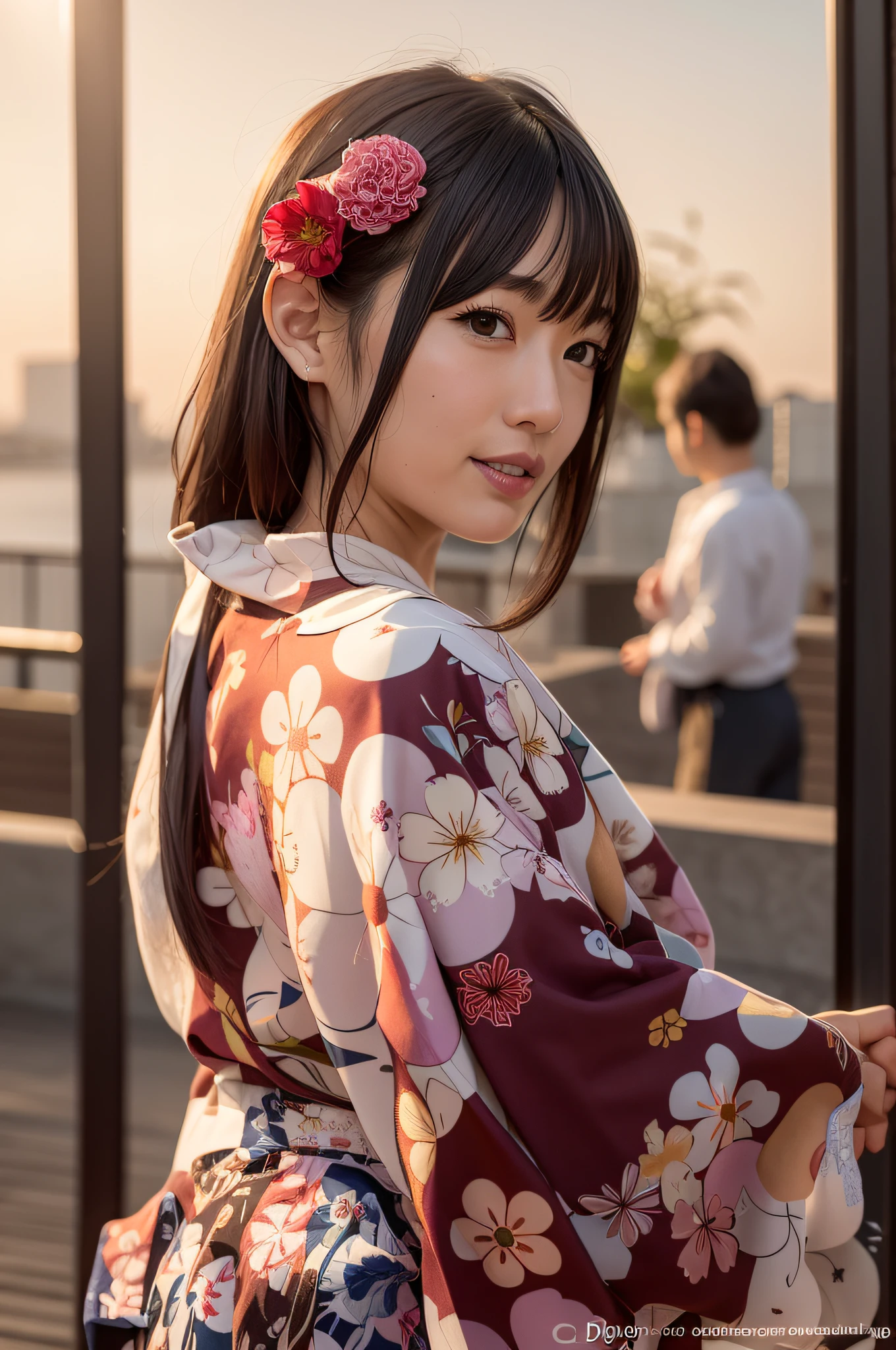 arafed asian woman in a kimono with a flower in her hair, in a kimono, bathrobe, classy yukata clothing, Wearing kimono, Kimono, japanese kimono, japanese model, in a kimono, Wearing a kimono, japanese lady, shikamimi, Ayaka, Kasumi Arimura Style 3/4, in kimono, kimi takemura、adult lady、a beautifu、22yearsold、The background is a night view、Fireworks Festival、 --auto