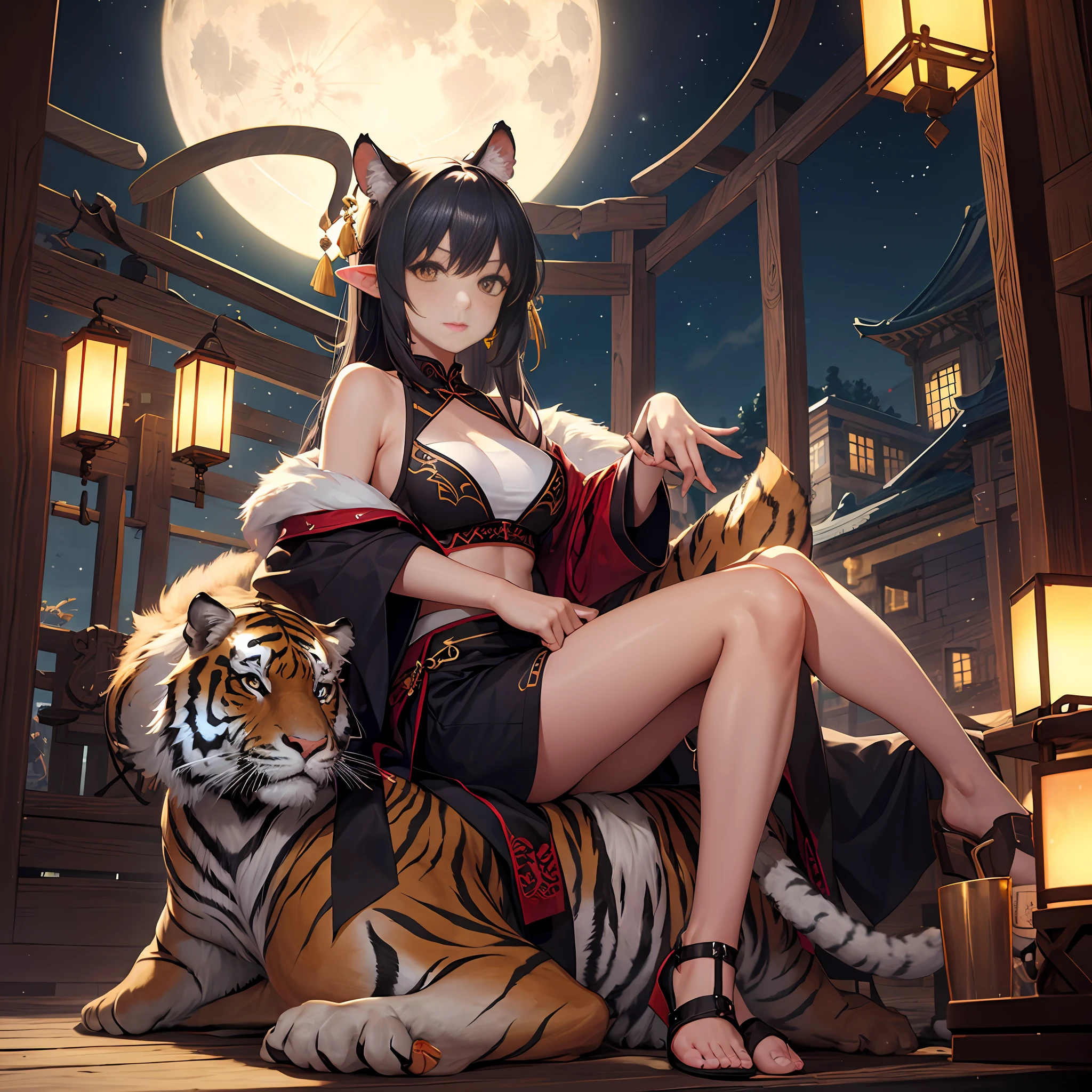 A tiger-eared Taoist beauty sitting in the moonlight