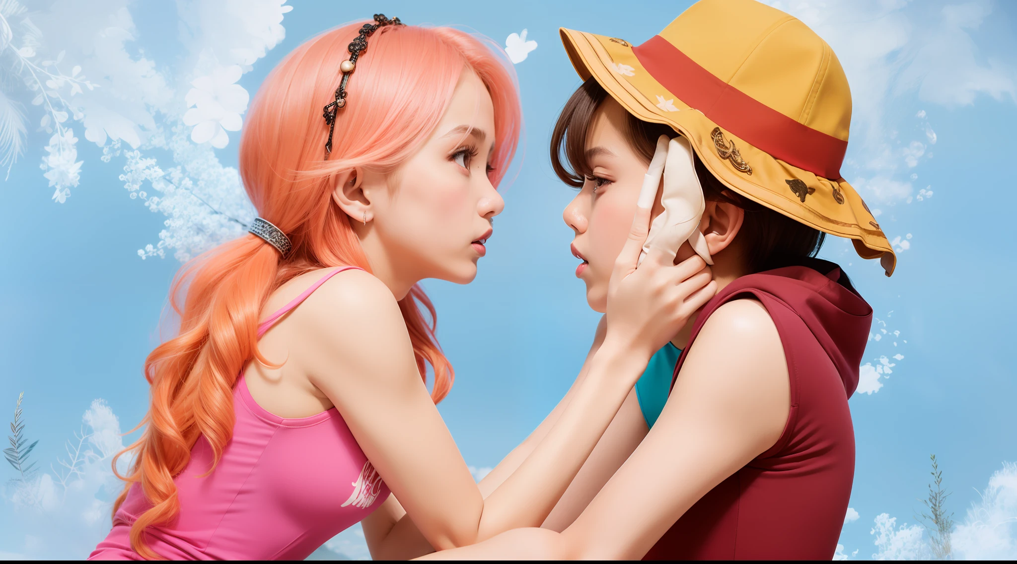 1girls,1boy,baju merah,topi ,baju pink,ultra detail,70mm lens,ralistic
