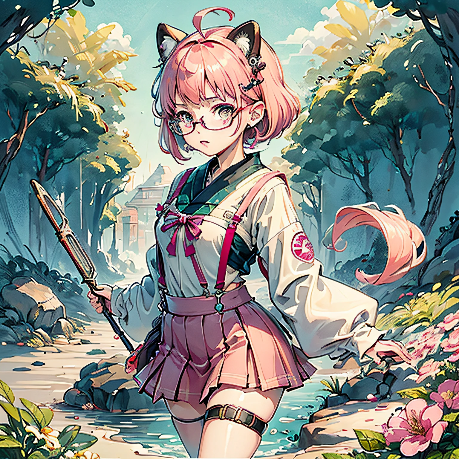 （nmasterpiece：1.2，最佳质量），（dynamic  lighting）1lady，独奏，short-cut hair，A short skirt，（shiny skins：1.2），Haut du corps，eye glass，modern day，Wavy pink hair，Pink suspenders，Flowers on the ears，Harajuku style，hair pin，Lori，ahoge