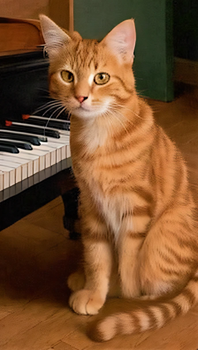 there is a cat sitting on the floor next to a shoe, ginger cat, an orange cat, orange cat, a handsome, ginger hair and fur, ginger cat in mid action, playing with a small piano