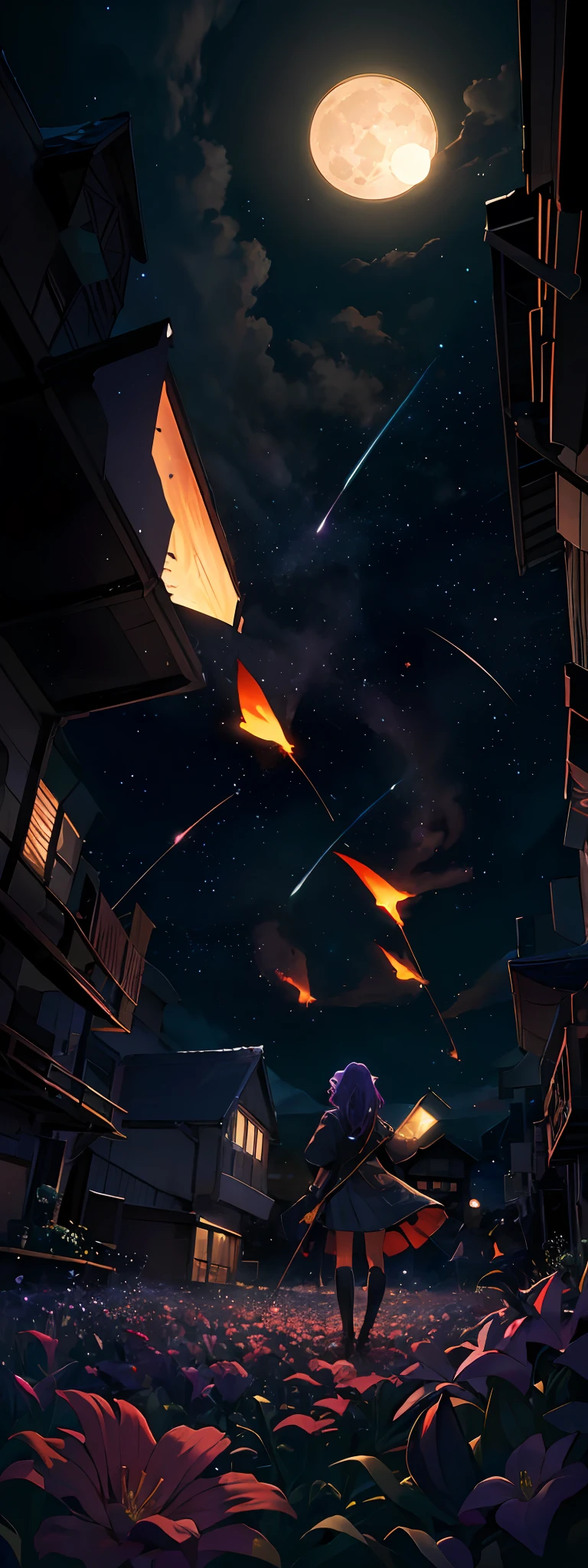 expansive landscape photograph , (a view from below that shows sky above and open field below), a girl standing on flower field looking up, (full moon:1.2), ( shooting stars:0.9), (nebula:1.3), distant mountain, tree BREAK
production art, (warm light source:1.2), (Firefly:1.2), lamp, lot of purple and orange, intricate details, volumetric lighting, realism BREAK
(masterpiece:1.2), (best quality), 4k, ultra-detailed, (dynamic composition:1.4), highly detailed, colorful details,( iridescent colors:1.2), (glowing lighting, atmospheric lighting), dreamy, magical, (solo:1.2)