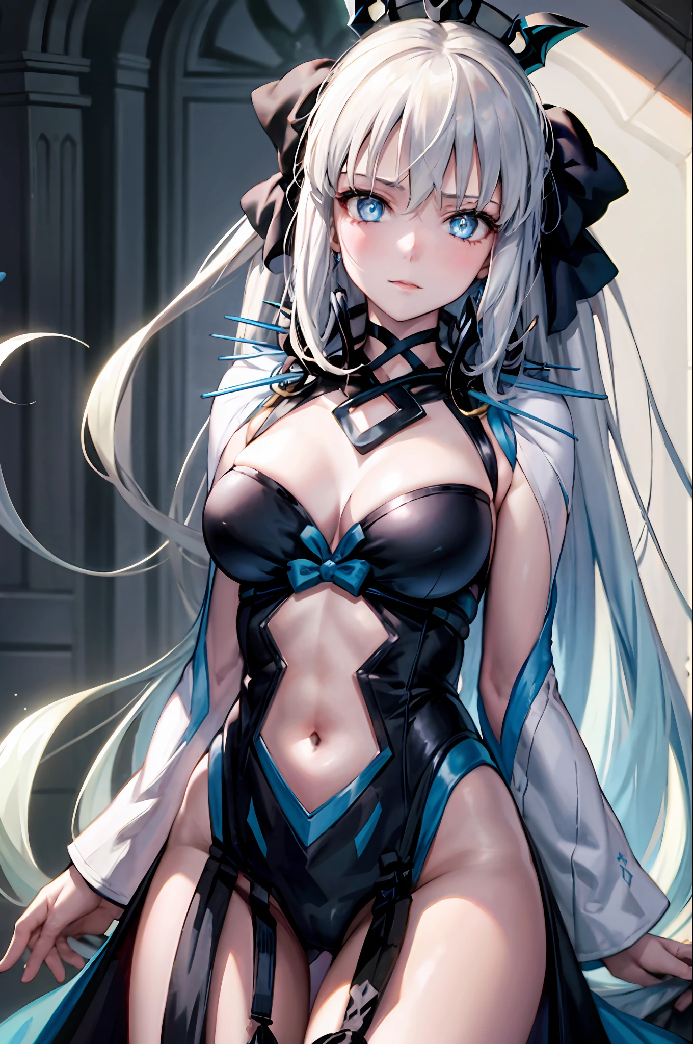 Masterpiece, Best Quality,a 1girl, morgan le fay (fate), Breast, 独奏, Long Hair, blue eyes, looking  at viewer, s robe, braid, black dress,(kbxll:0.6)