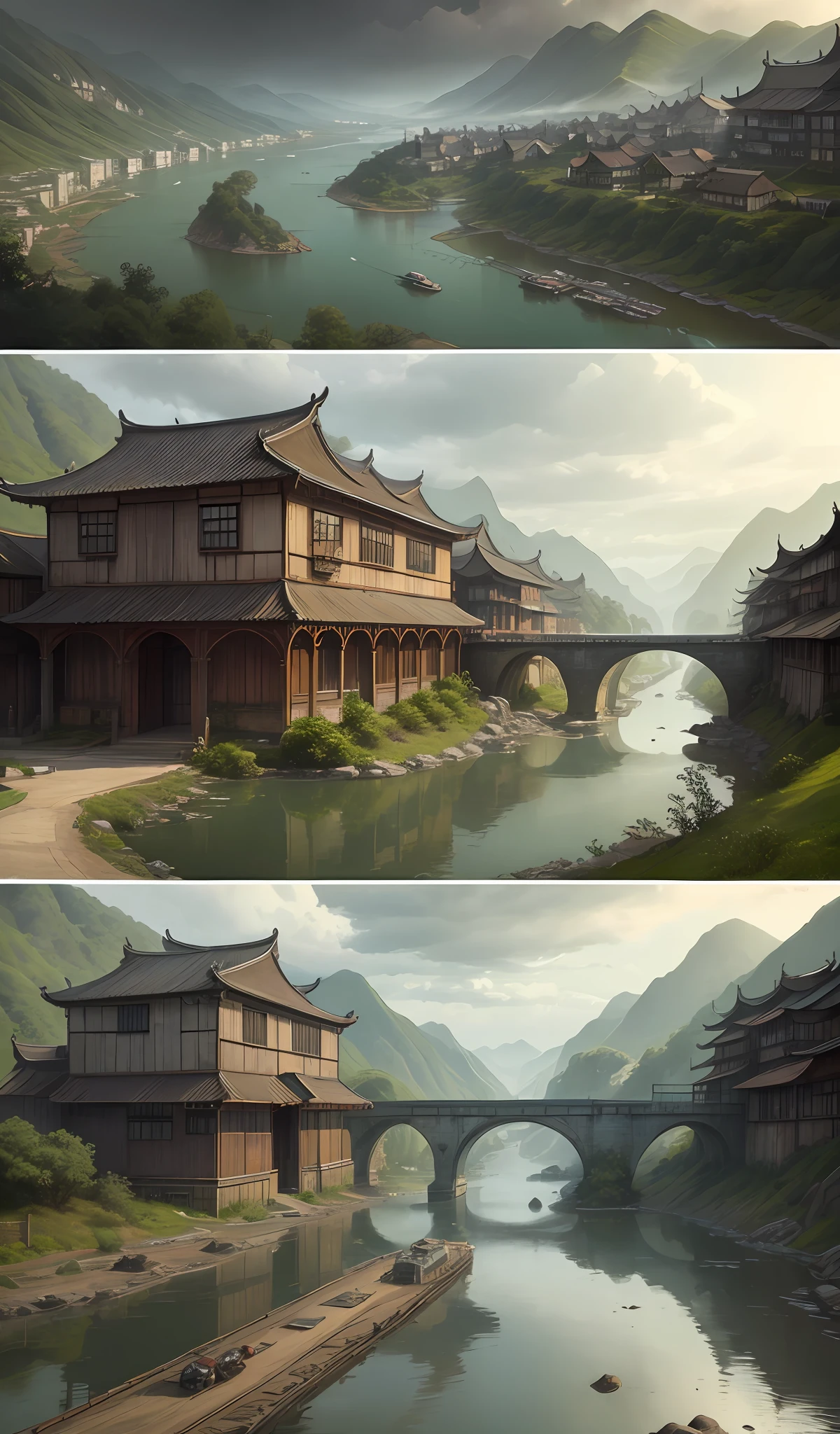 ((masterpiece)),((best quality)),((high detial)),((realistic,)) Industrial age city，Deep valley in the middle，architectural streets，Qingming upper river map，Bridges，rainy sky，steam-punk，European-style architecture