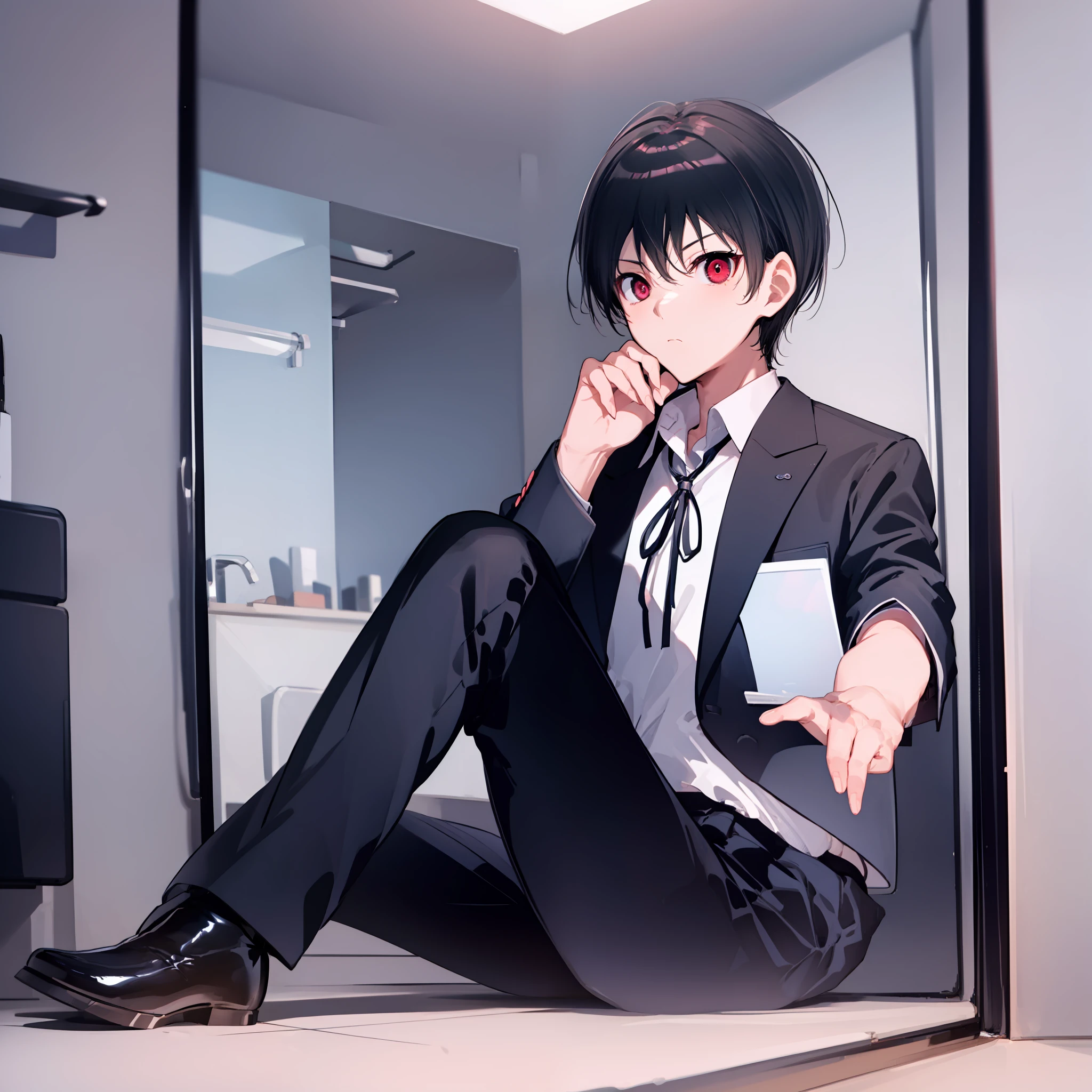 (masterpiece), (best quality), highres, There's only one person, 1boy, kiyotaka ayanokoji, 15 year old teenage boy, school uniform white shirt black jacket open jacket black tie long black pants sitting, red eyes, short black hair, anatomically correct full body, has a jesus necklace around his neck, normal legs, wears black shoes, He is inside a bathroom looking at the mirror of a bathroom, he's got a scared face and confution, and he's completely depleted.