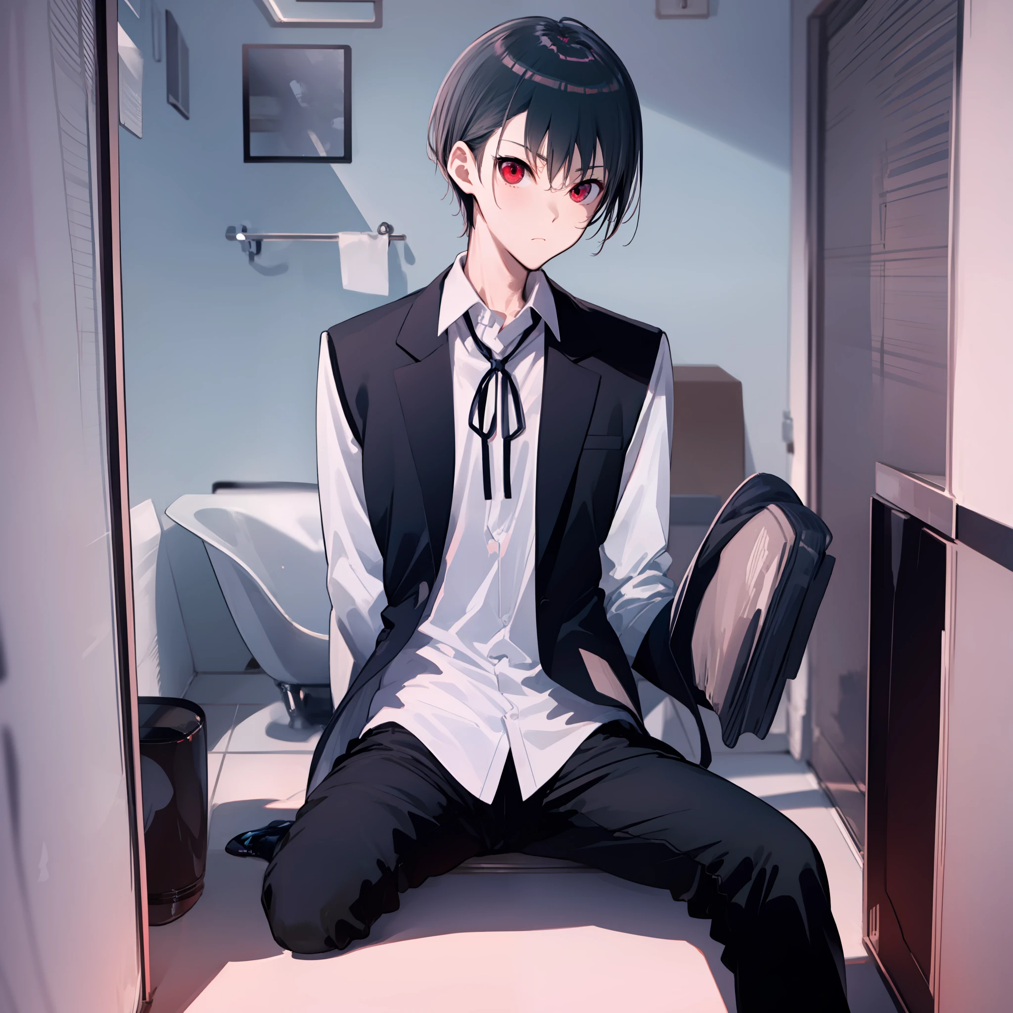 (masterpiece), (best quality), highres, There's only one person, 1boy, kiyotaka ayanokoji, 15 year old teenage boy, school uniform white shirt black jacket open jacket black tie long black pants sitting, red eyes, short black hair, anatomically correct full body, has a jesus necklace around his neck, normal legs, wears black shoes, He is inside a bathroom looking at the mirror of a bathroom,  he's got a scared face and confution, and he's completely depleted.