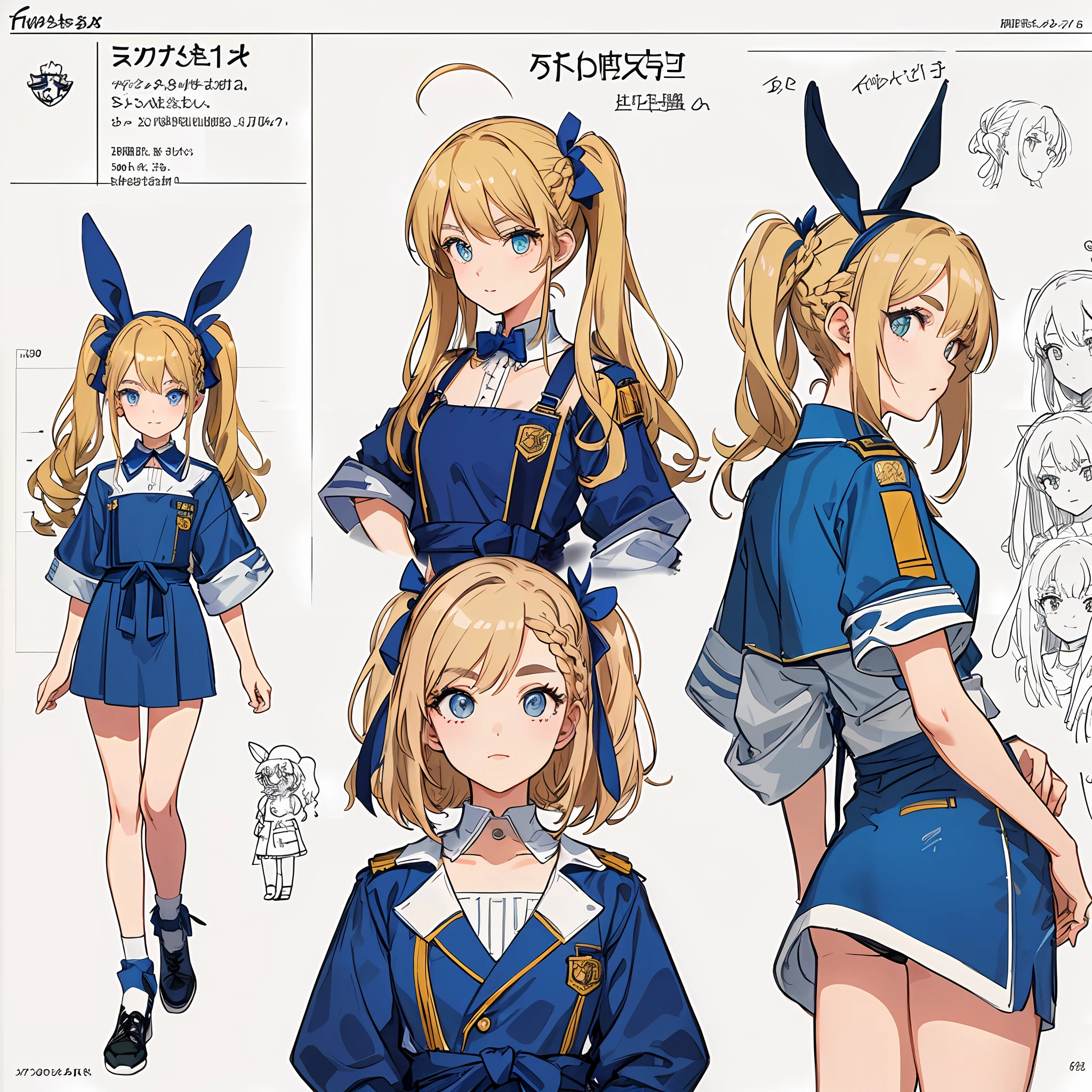 Rabbit ears, squadron, squadron costume, 80s fashion, city pop color, (character design sheet, front, back, side, same character), background is simple, pigtails, small, female brat, thick eyebrows, thin waist, beautiful blonde, braid, (masterpiece), ((highest quality)), (super detailed), girl, (beautiful eyes)), beautiful detailed eyes, clean and detailed face, five fingers, textile shading, perfect anatomy,
