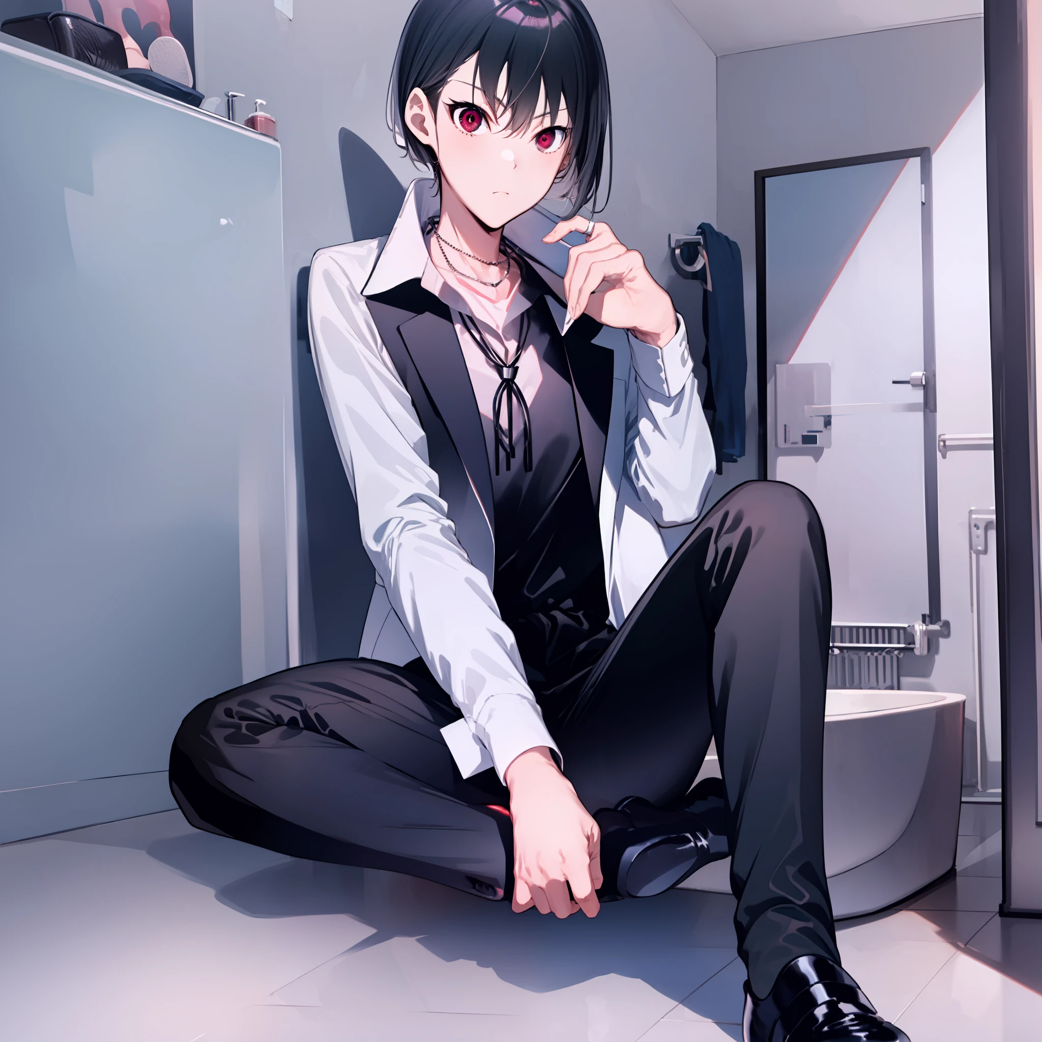(masterpiece), (best quality), highres, There's only one person, 1boy, kiyotaka ayanokoji, 15 year old teenage boy, school uniform white shirt black jacket open jacket black tie long black pants sitting, red eyes, short black hair, anatomically correct full body, has a jesus necklace around his neck, normal legs, wears black shoes, He is inside a bathroom looking at the mirror of a bathroom,  he's got a scared face and confution, and he's completely depleted.