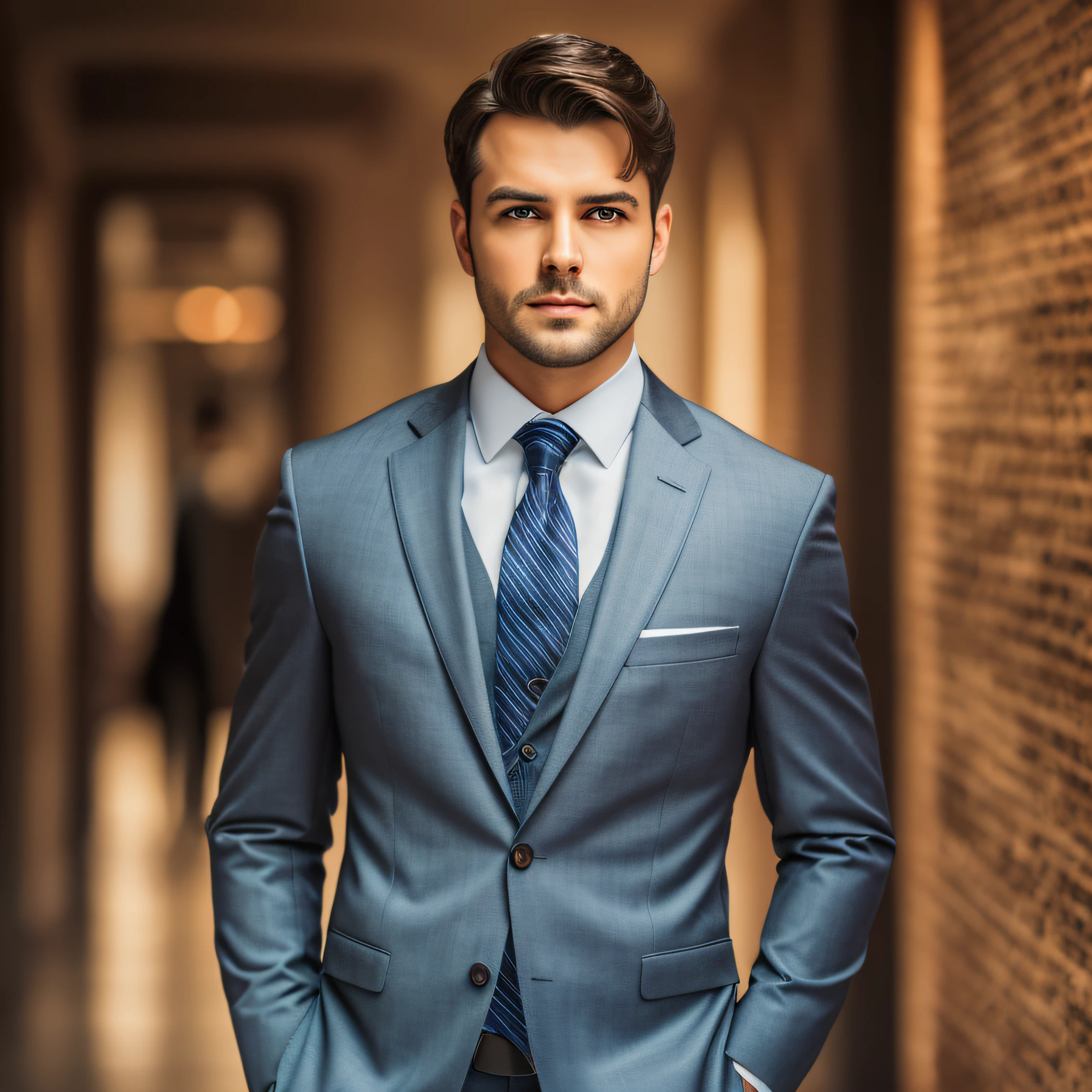 a Man standing with 30 years in suit and tie, body and head straight in the photo, DSRL, facing the viewer of the photo, eyes fixed to the lens, appears shoulders and head in the photo, man centered in the photo, 8k, best quality, masterpiece, realistic, realistic photo, movie photo, ultra realistic, 1 person, detailed, Perfect lighting, DSRL, professional photo, 4k